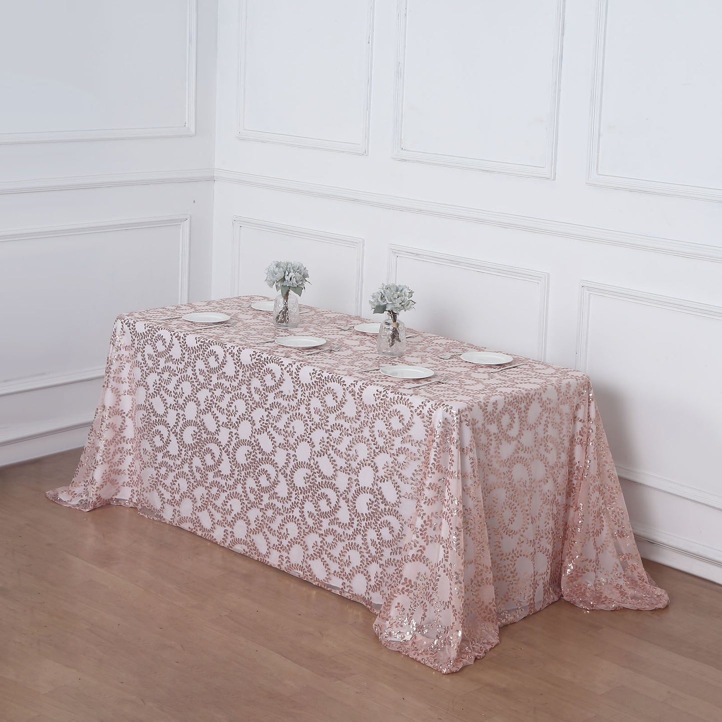 90"x156" Rose Gold Sequin Leaf Embroidered Tulle Rectangular Tablecloth