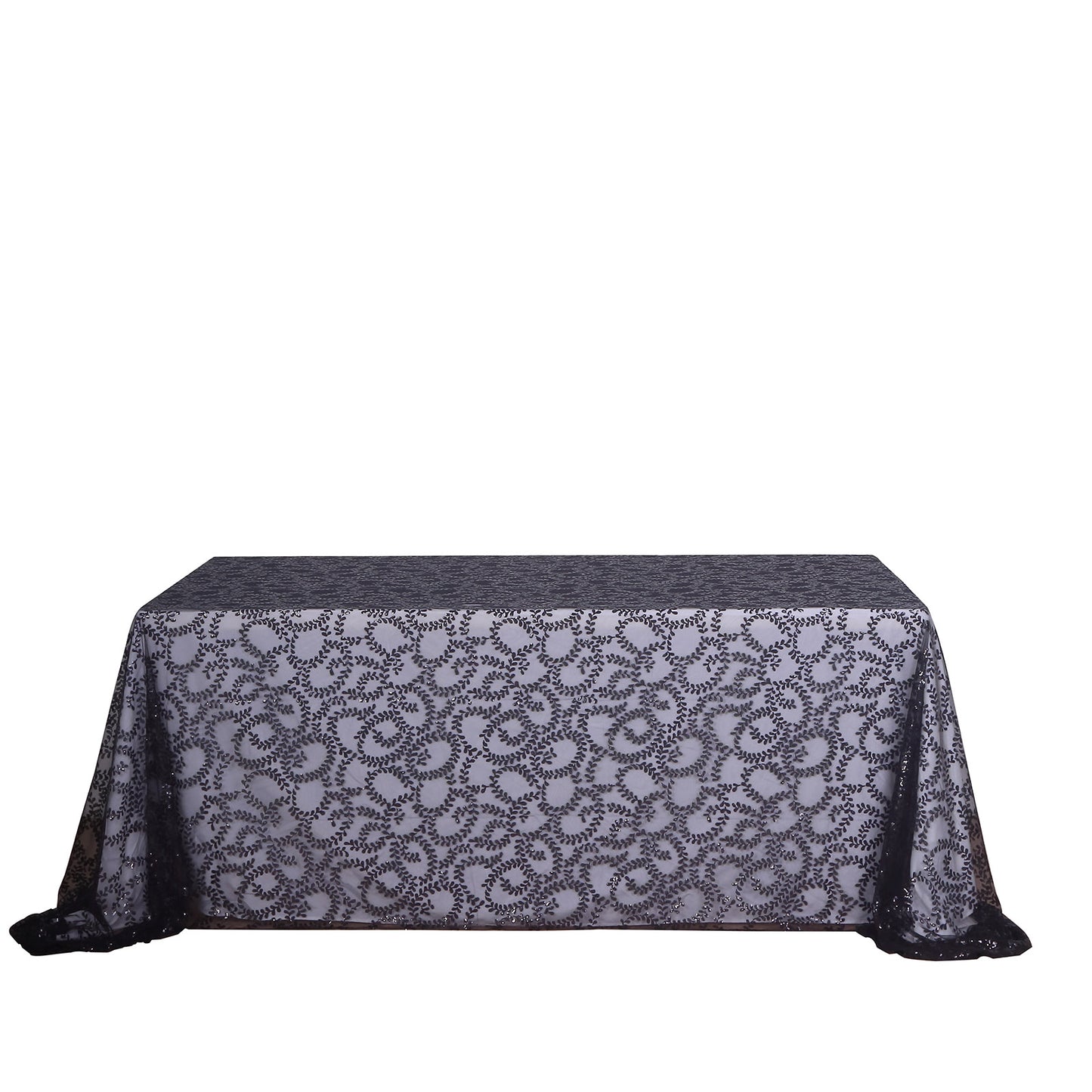 90"x156" Black Sequin Leaf Embroidered Tulle Rectangular Tablecloth