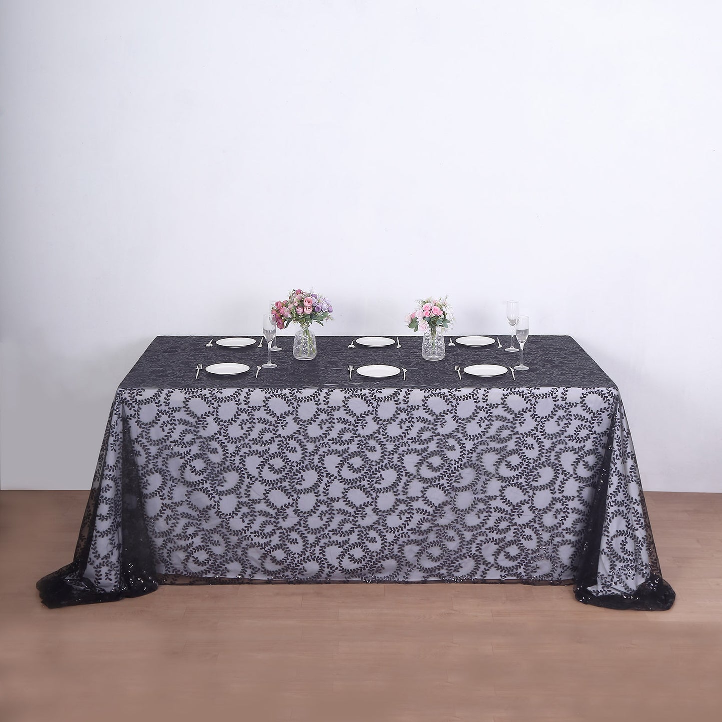 90"x156" Black Sequin Leaf Embroidered Tulle Rectangular Tablecloth