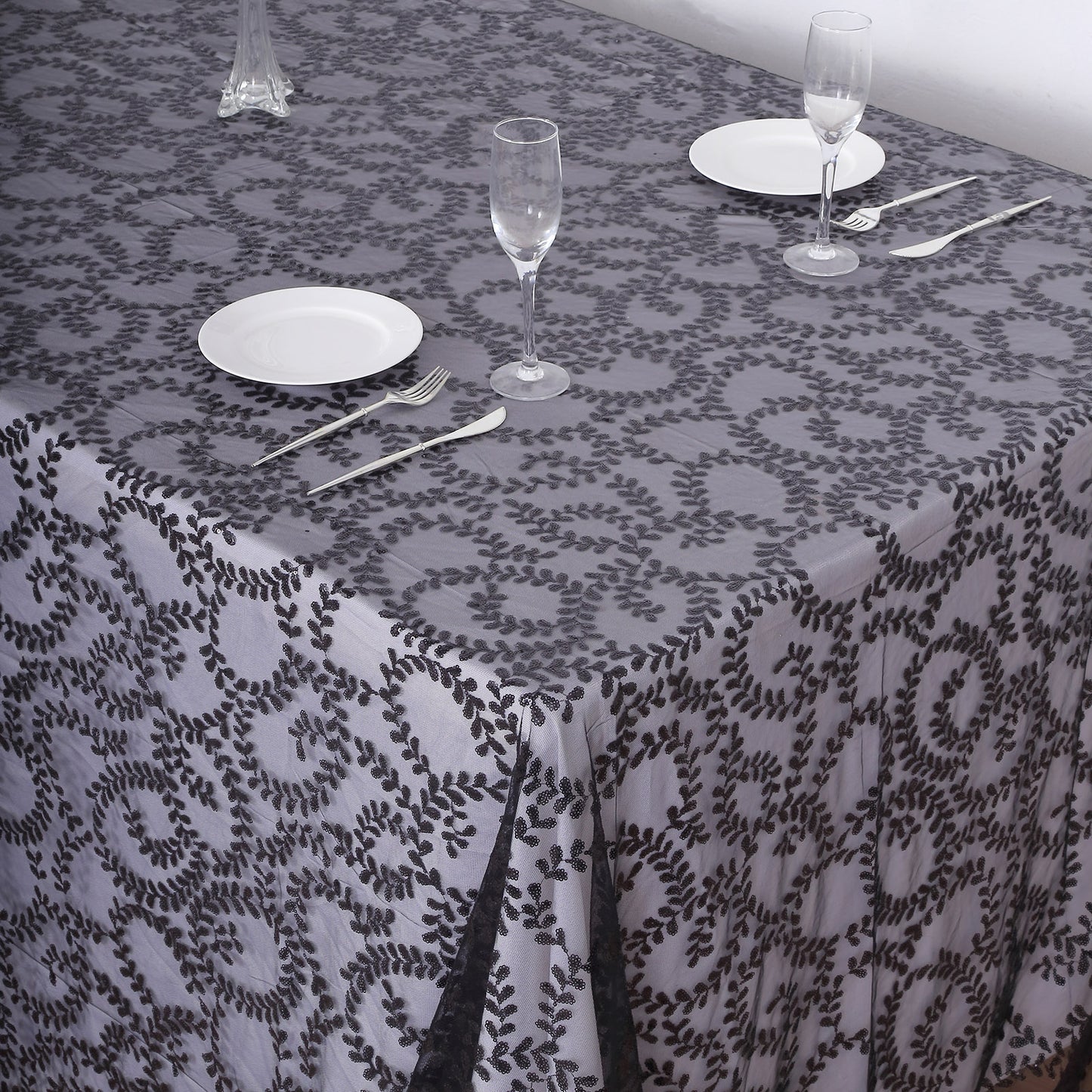90"x156" Black Sequin Leaf Embroidered Tulle Rectangular Tablecloth