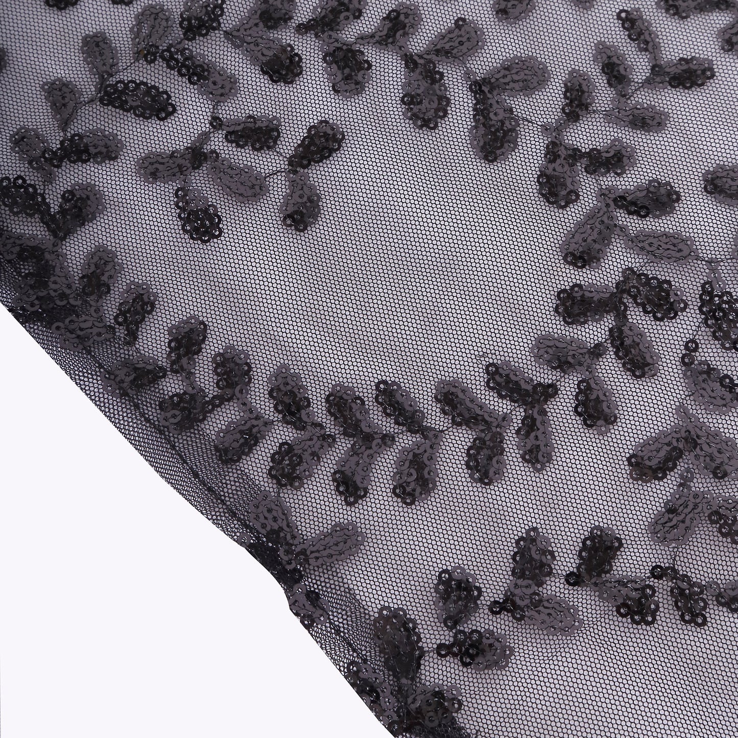 90"x156" Black Sequin Leaf Embroidered Tulle Rectangular Tablecloth