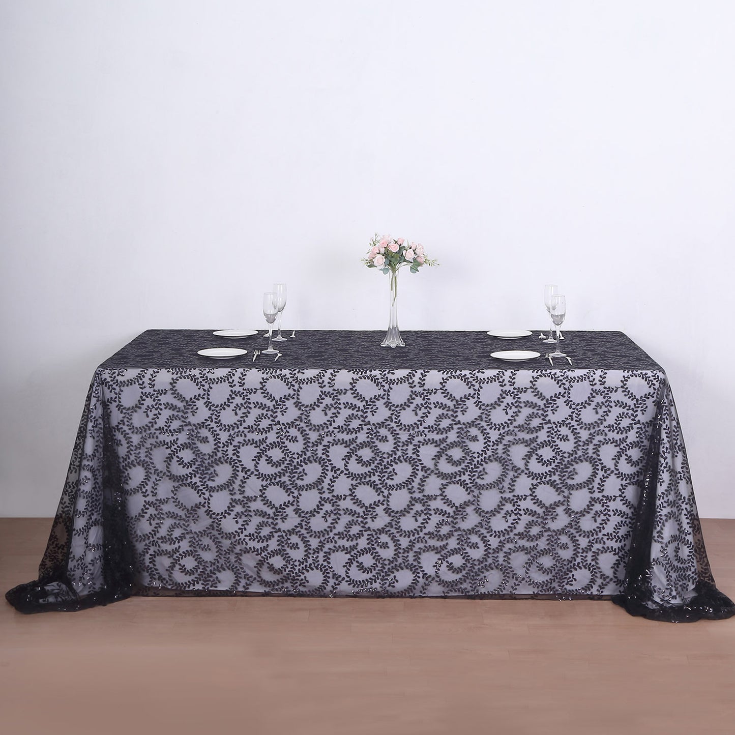 90"x156" Black Sequin Leaf Embroidered Tulle Rectangular Tablecloth