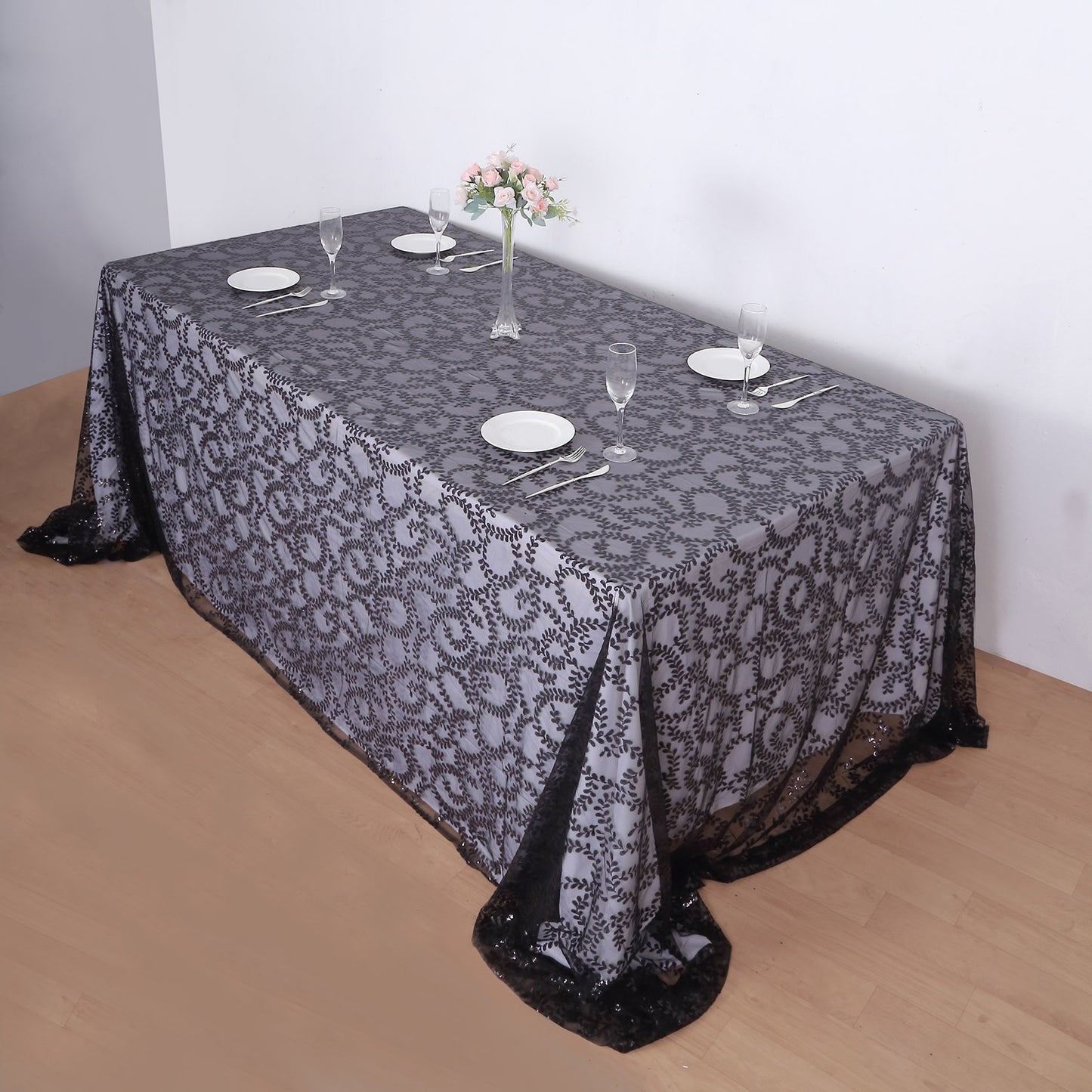 90"x156" Black Sequin Leaf Embroidered Tulle Rectangular Tablecloth
