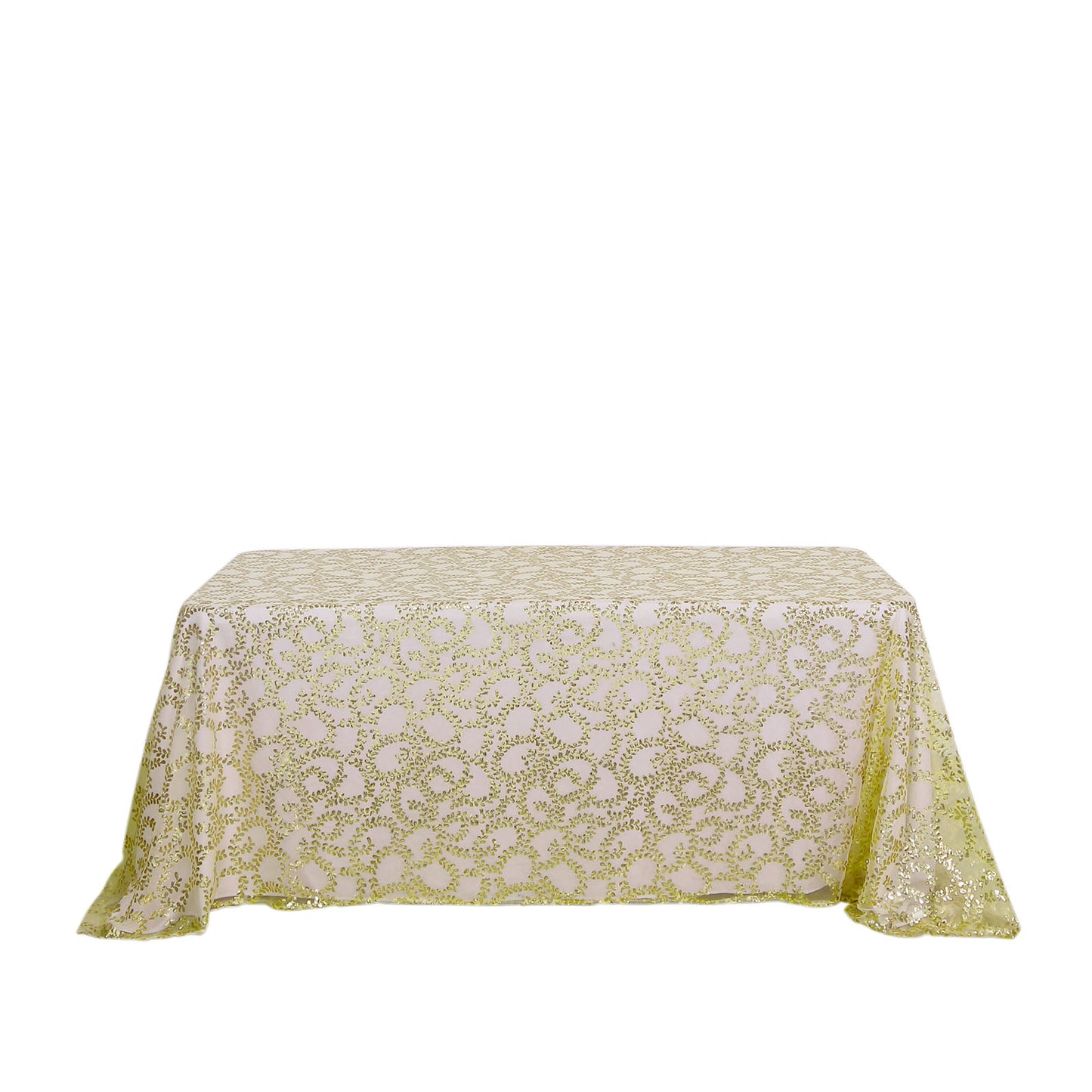 90"x156" Gold Sequin Leaf Embroidered Tulle Rectangular Tablecloth