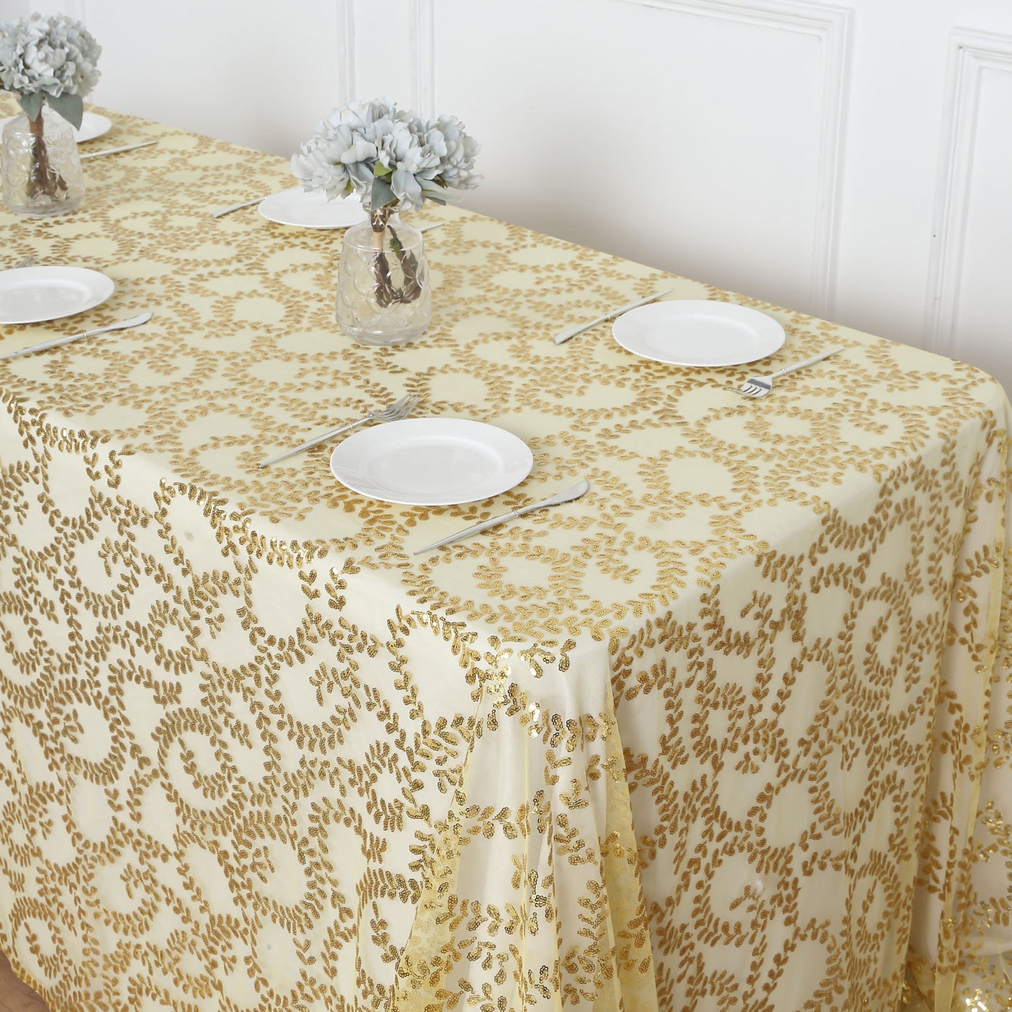 90"x156" Gold Sequin Leaf Embroidered Tulle Rectangular Tablecloth