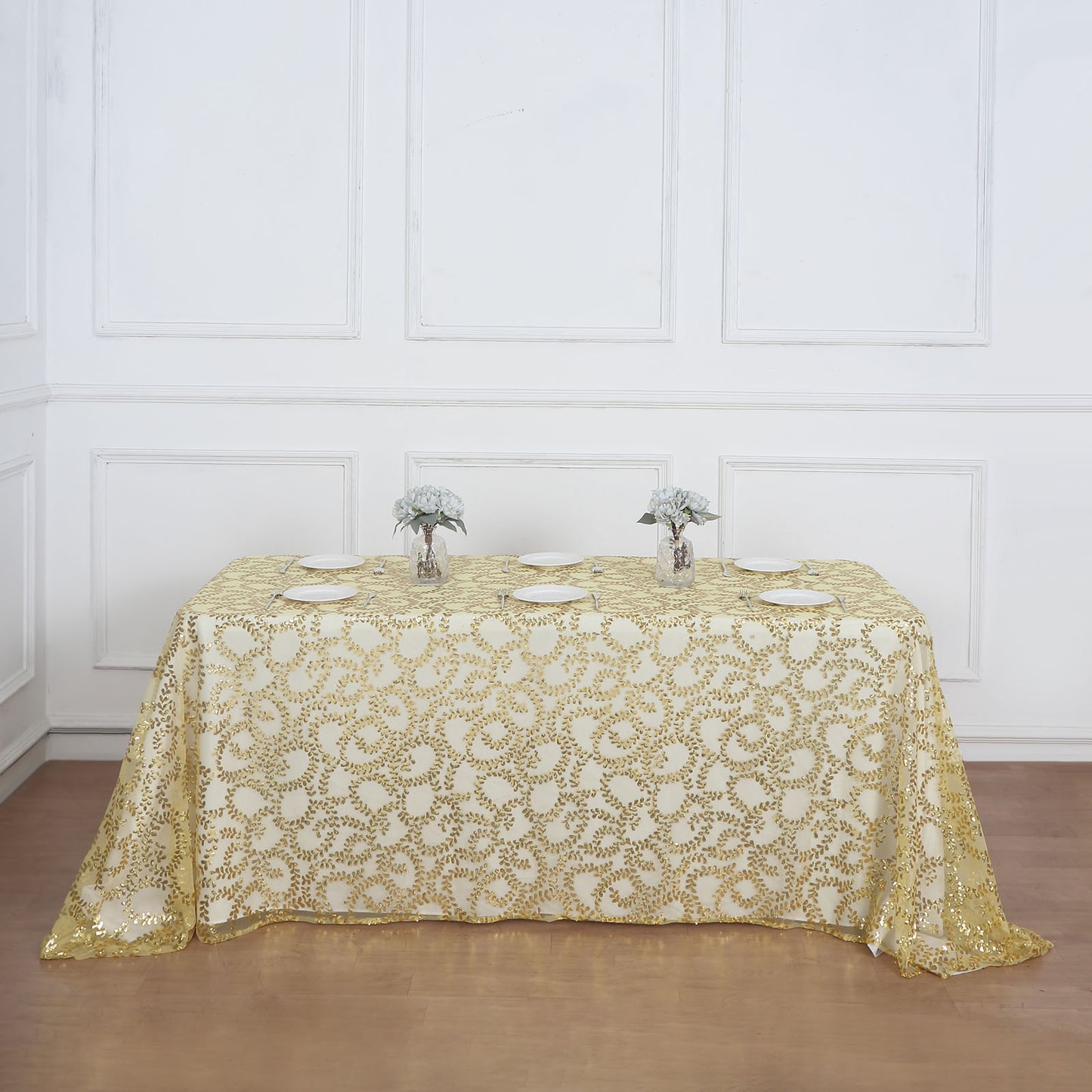 90"x156" Gold Sequin Leaf Embroidered Tulle Rectangular Tablecloth