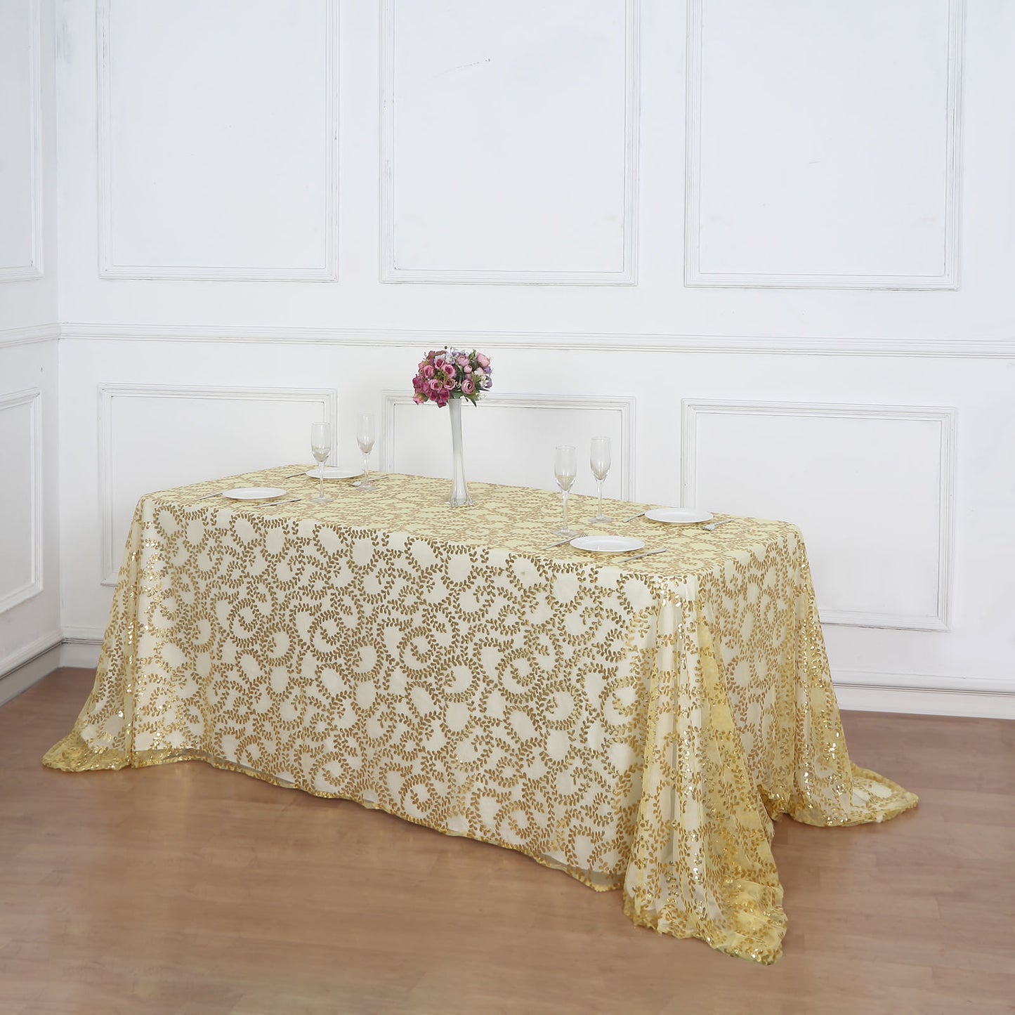 90"x156" Gold Sequin Leaf Embroidered Tulle Rectangular Tablecloth