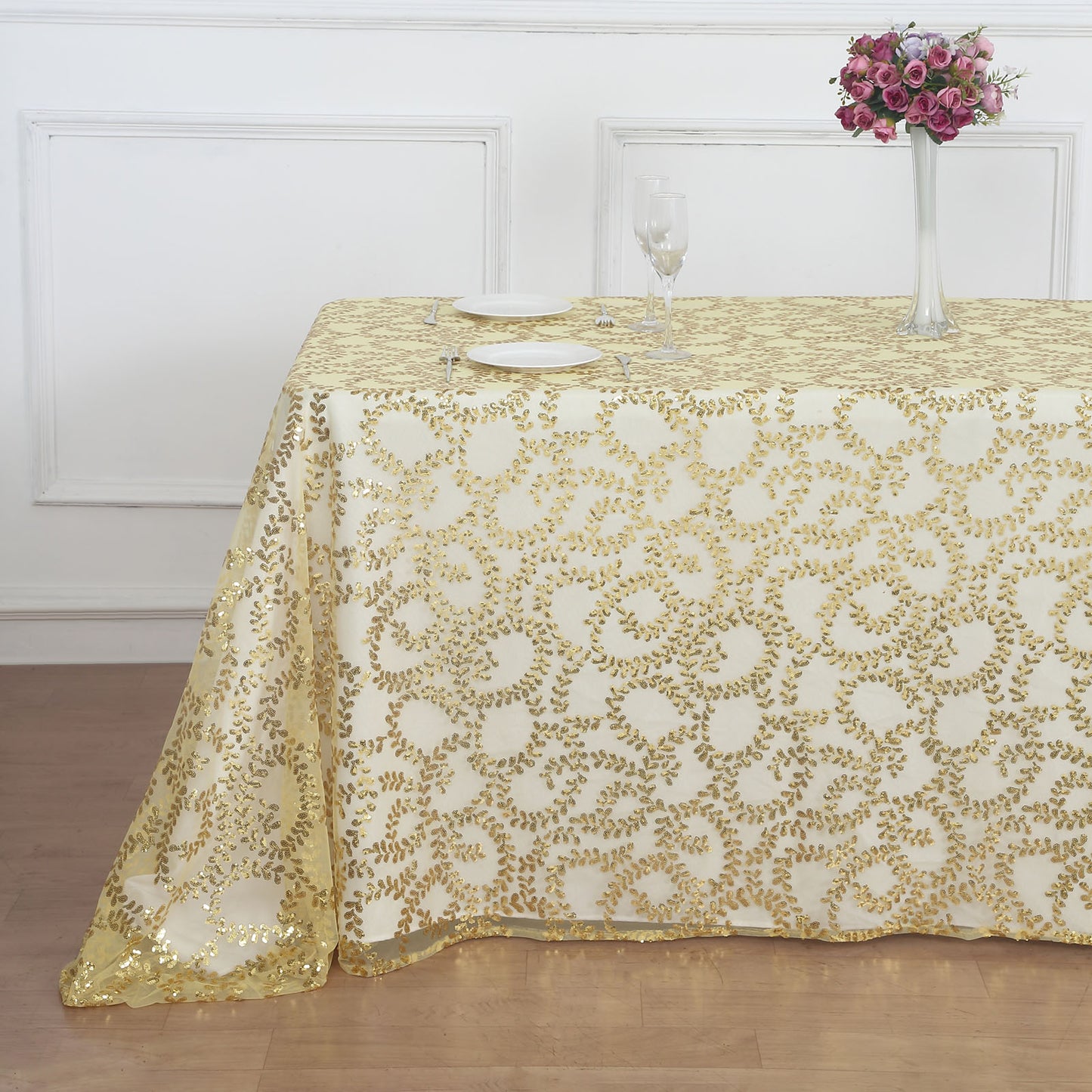 90"x156" Gold Sequin Leaf Embroidered Tulle Rectangular Tablecloth