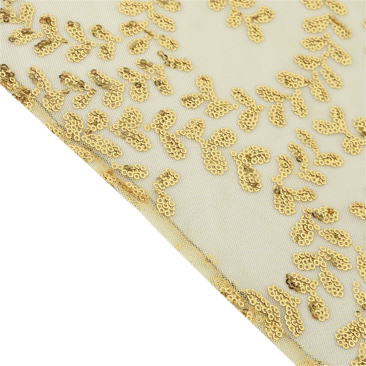 90"x156" Gold Sequin Leaf Embroidered Tulle Rectangular Tablecloth