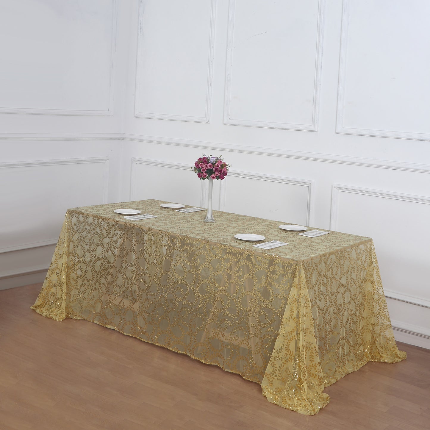 90"x156" Gold Sequin Leaf Embroidered Tulle Rectangular Tablecloth