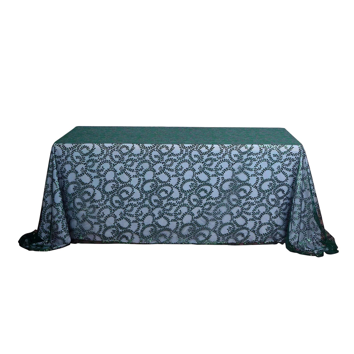 90"x156" Hunter Emerald Green Sequin Leaf Embroidered Tulle Rectangular Tablecloth