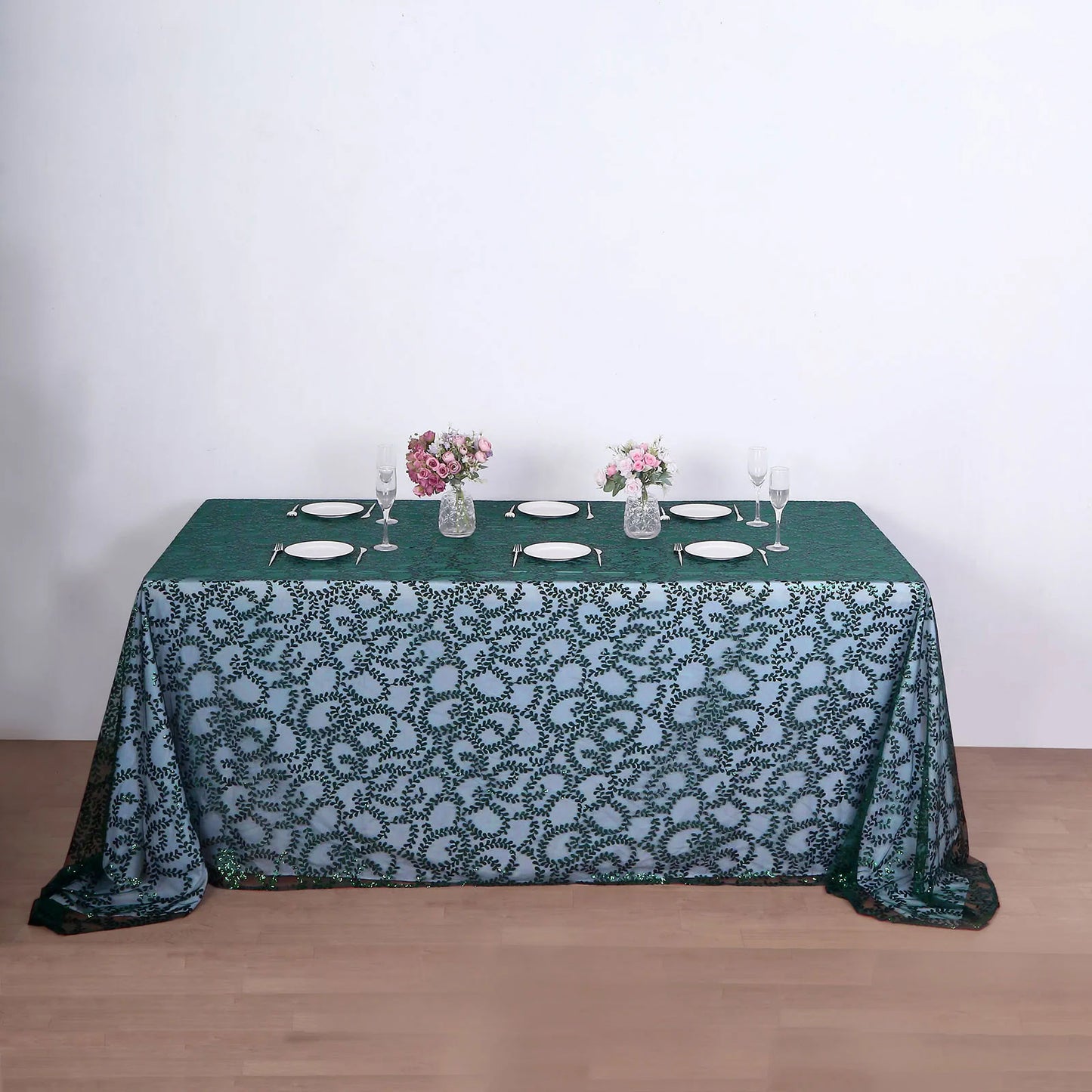 90"x156" Hunter Emerald Green Sequin Leaf Embroidered Tulle Rectangular Tablecloth