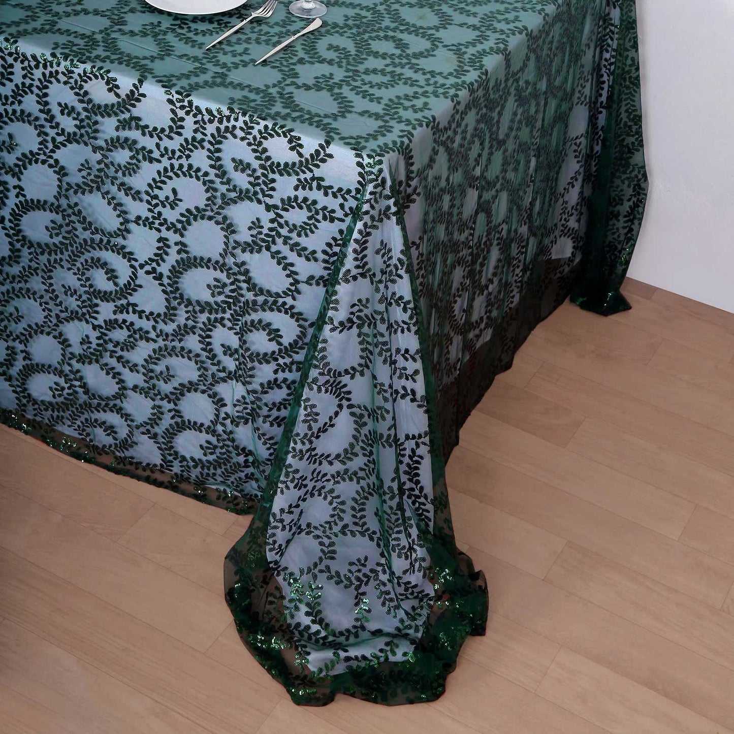 90"x156" Hunter Emerald Green Sequin Leaf Embroidered Tulle Rectangular Tablecloth