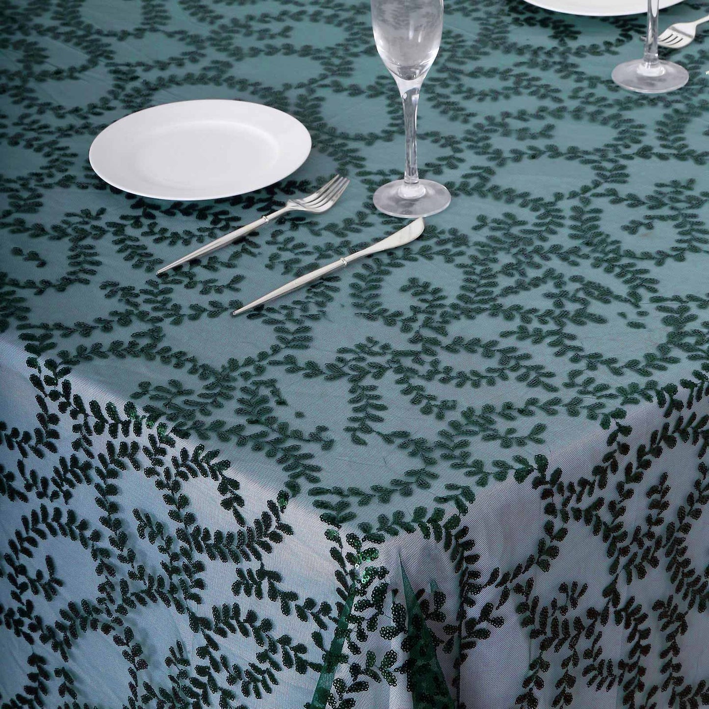 90"x156" Hunter Emerald Green Sequin Leaf Embroidered Tulle Rectangular Tablecloth