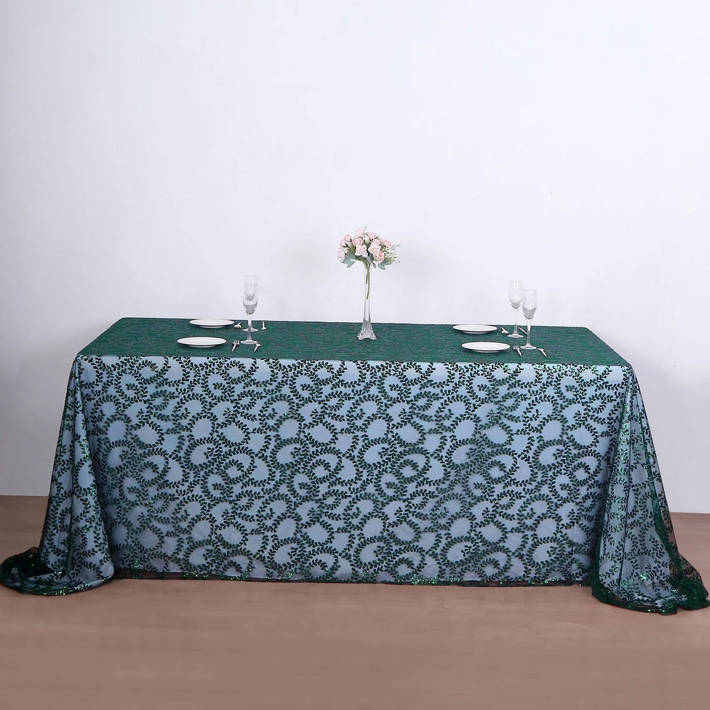 90"x156" Hunter Emerald Green Sequin Leaf Embroidered Tulle Rectangular Tablecloth
