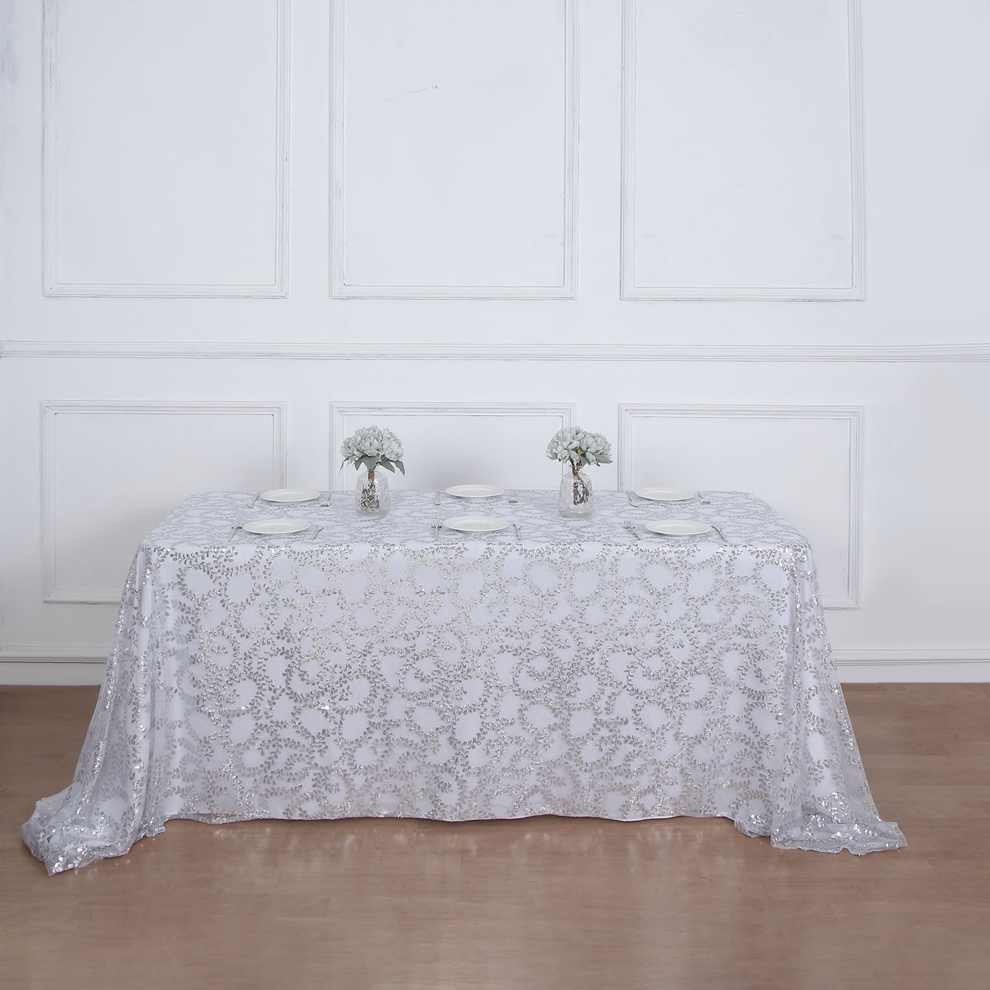 90"x156" Silver Sequin Leaf Embroidered Tulle Rectangular Tablecloth