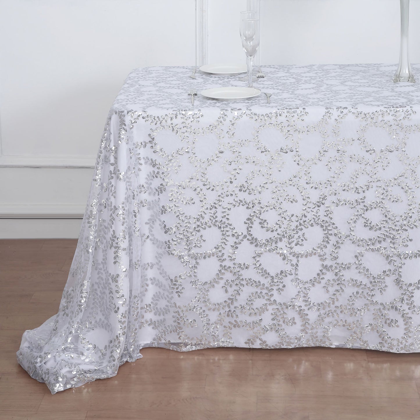 90"x156" Silver Sequin Leaf Embroidered Tulle Rectangular Tablecloth