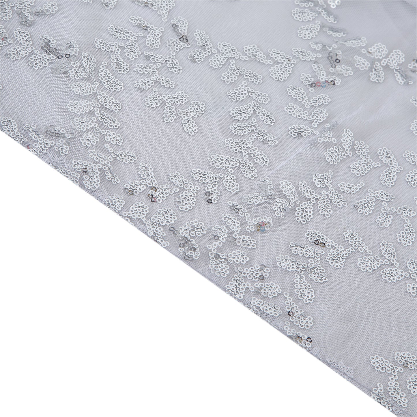 90"x156" Silver Sequin Leaf Embroidered Tulle Rectangular Tablecloth