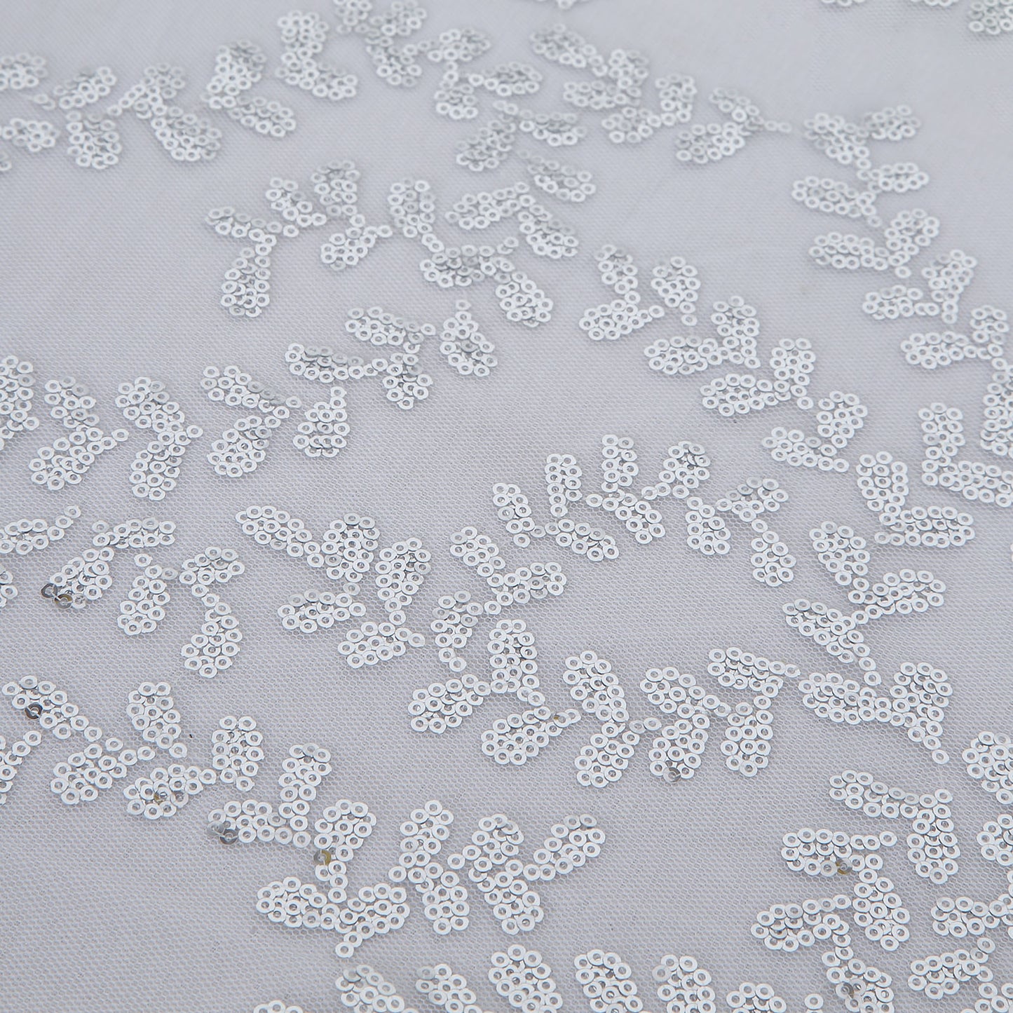 90"x156" Silver Sequin Leaf Embroidered Tulle Rectangular Tablecloth