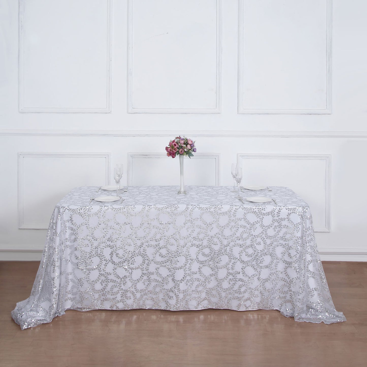 90"x156" Silver Sequin Leaf Embroidered Tulle Rectangular Tablecloth