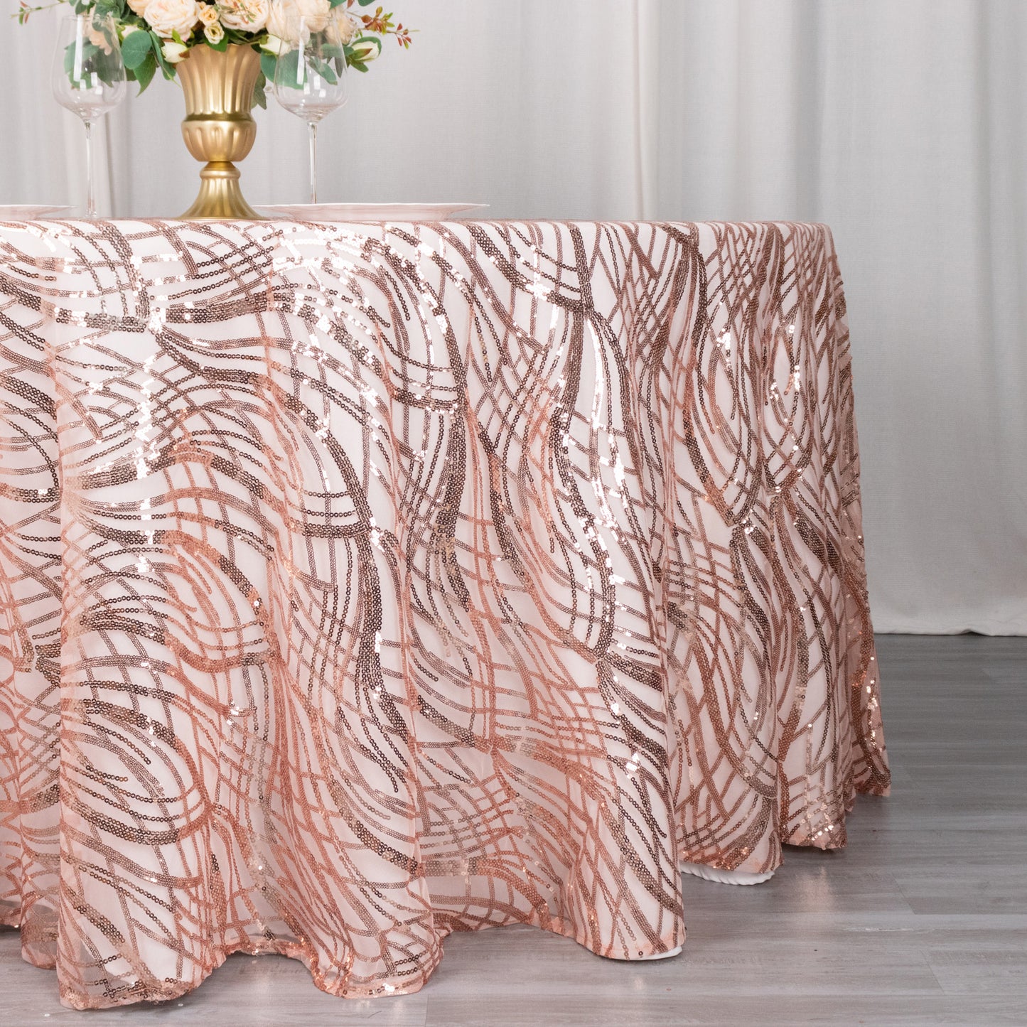 120" Rose Gold Wave Mesh Round Tablecloth With Embroidered Sequins