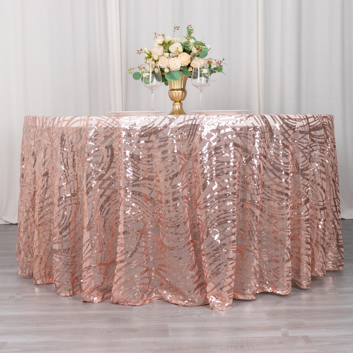 120" Rose Gold Wave Mesh Round Tablecloth With Embroidered Sequins