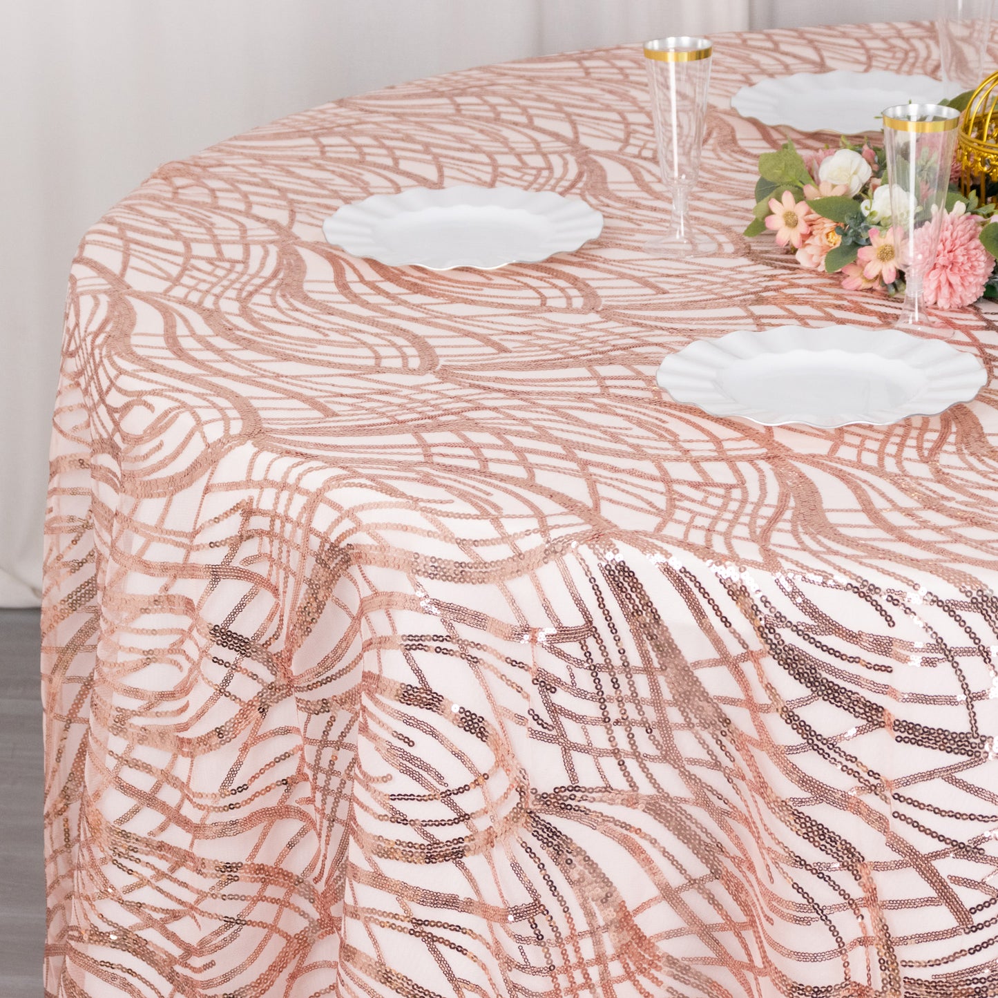 120" Rose Gold Wave Mesh Round Tablecloth With Embroidered Sequins