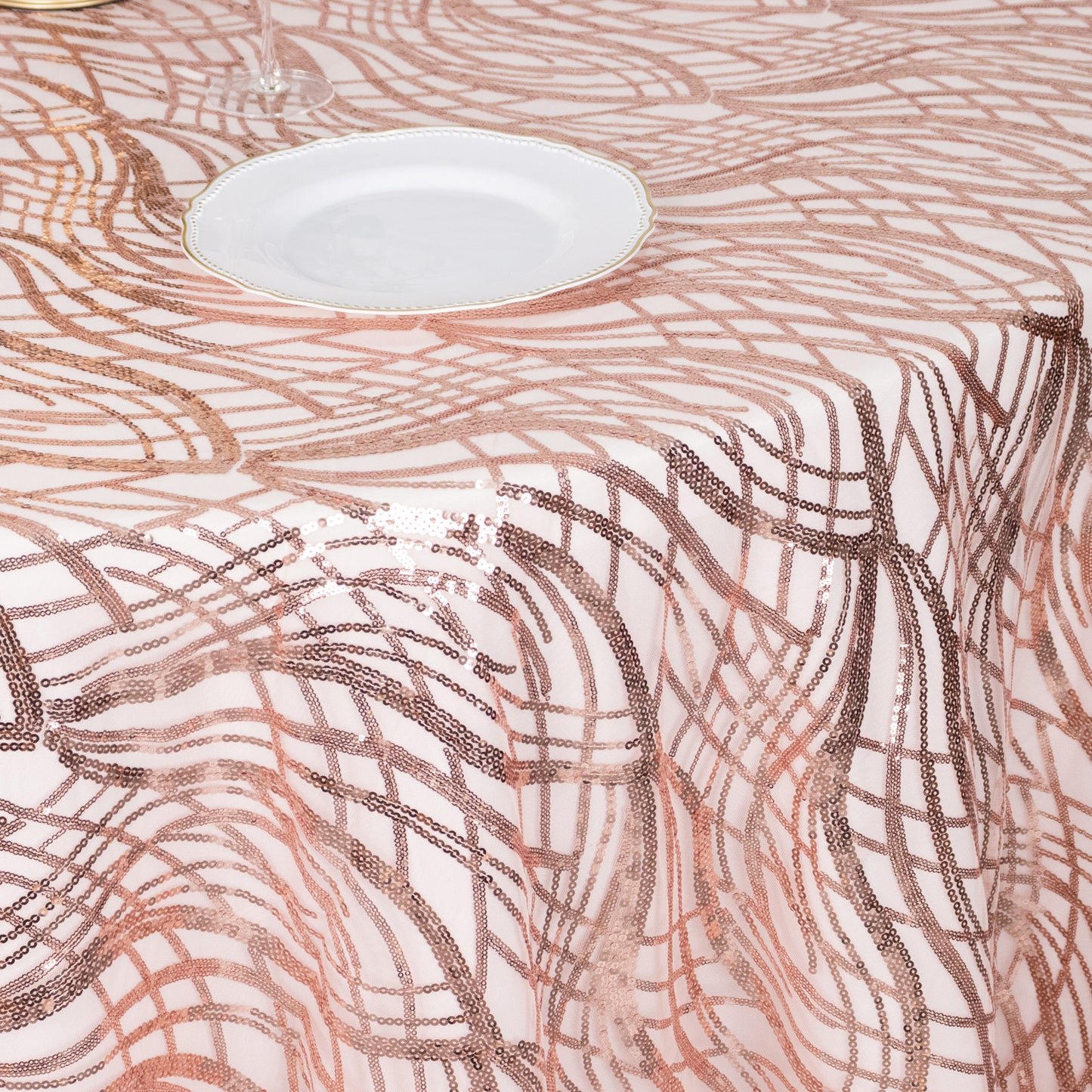 120" Rose Gold Wave Mesh Round Tablecloth With Embroidered Sequins