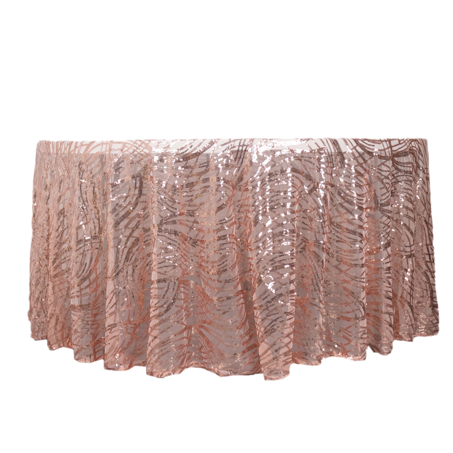 120" Rose Gold Wave Mesh Round Tablecloth With Embroidered Sequins