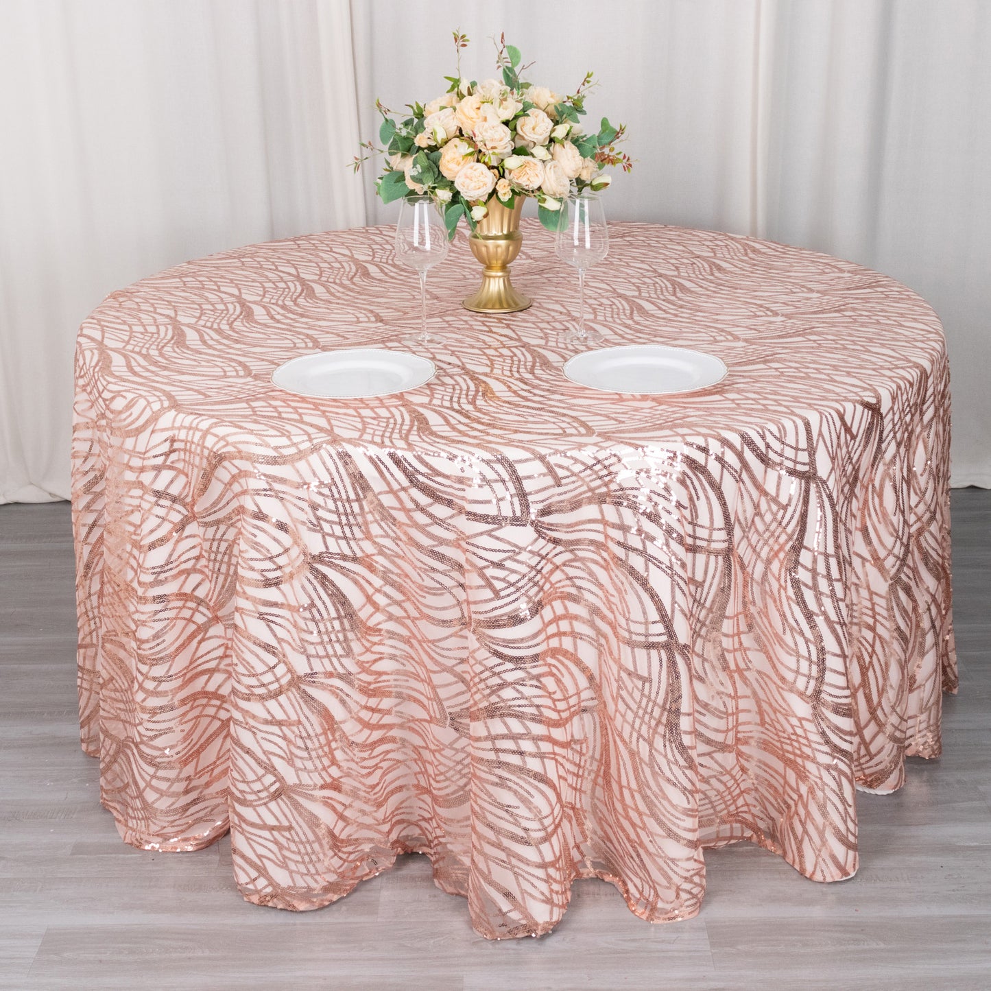120" Rose Gold Wave Mesh Round Tablecloth With Embroidered Sequins