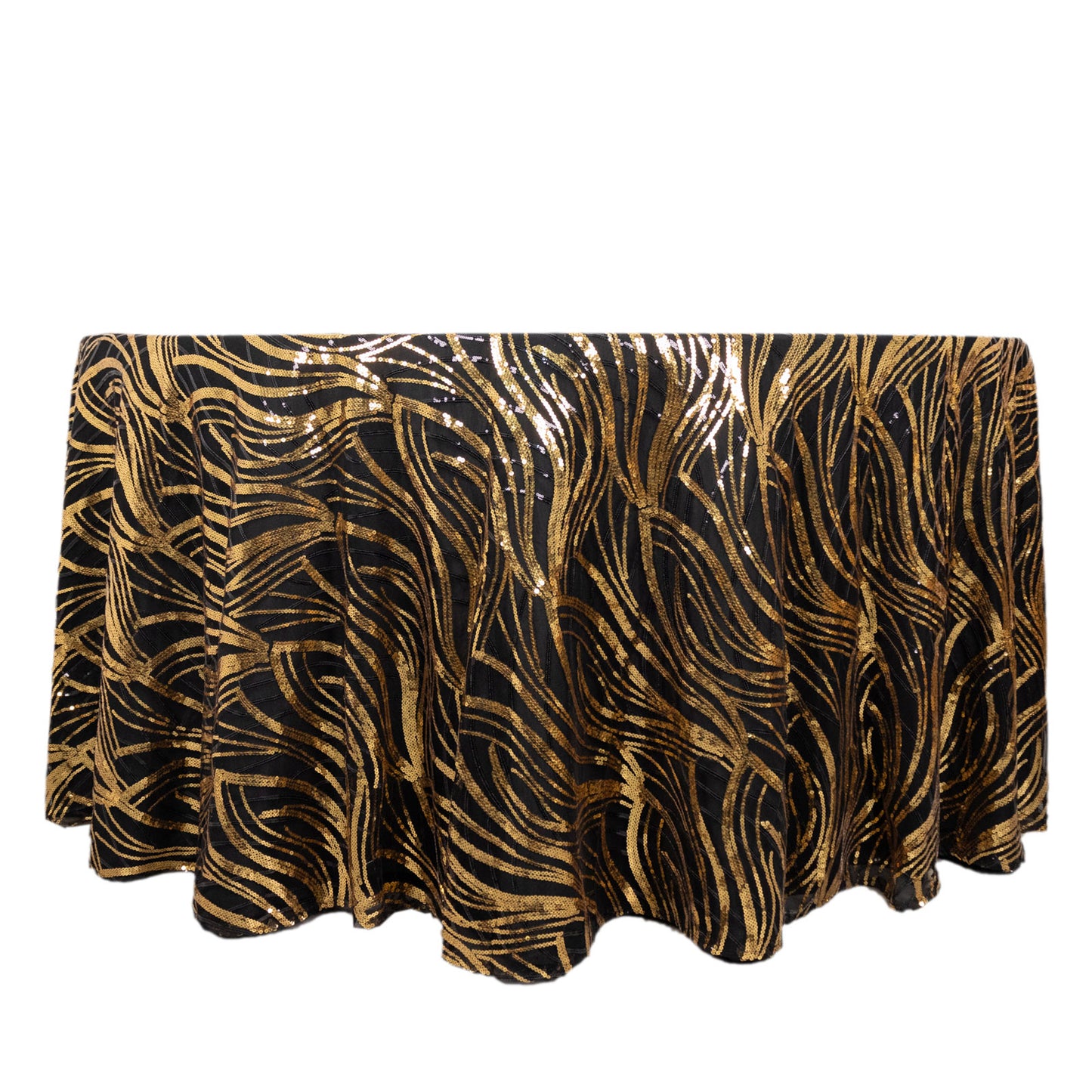 120" Black Gold Wave Mesh Round Tablecloth With Embroidered Sequins