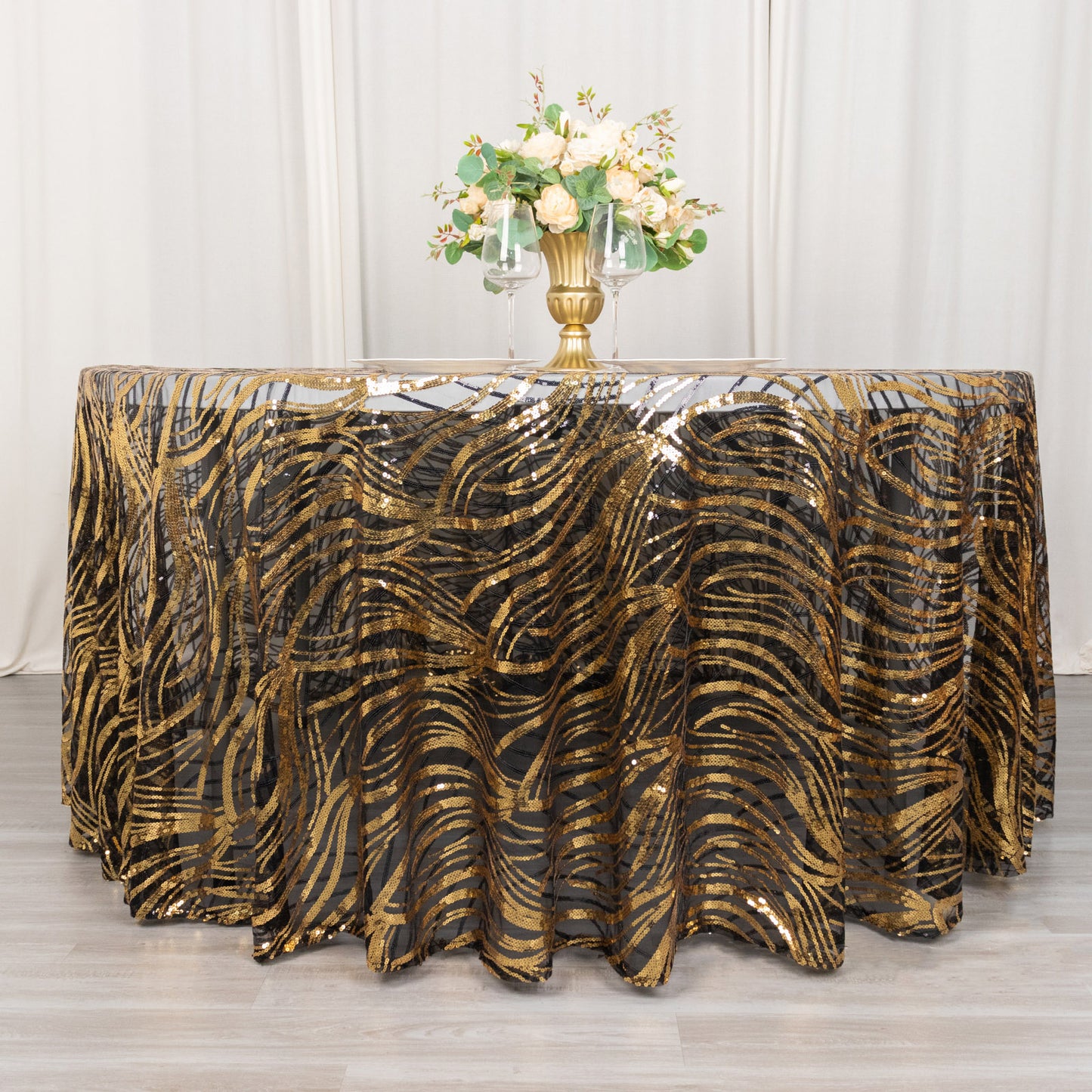 120" Black Gold Wave Mesh Round Tablecloth With Embroidered Sequins