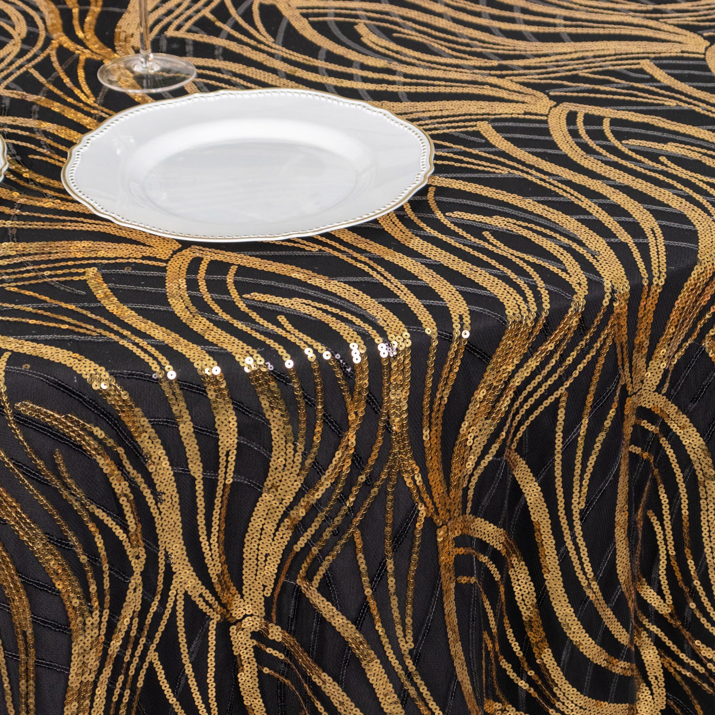 120" Black Gold Wave Mesh Round Tablecloth With Embroidered Sequins