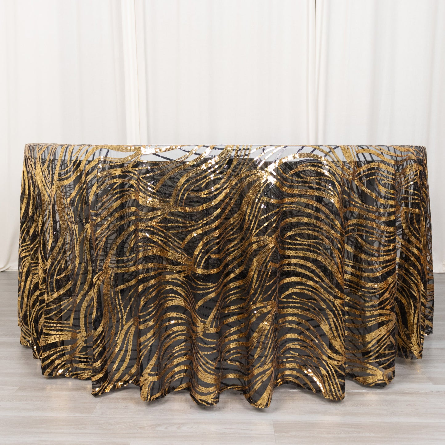 120" Black Gold Wave Mesh Round Tablecloth With Embroidered Sequins