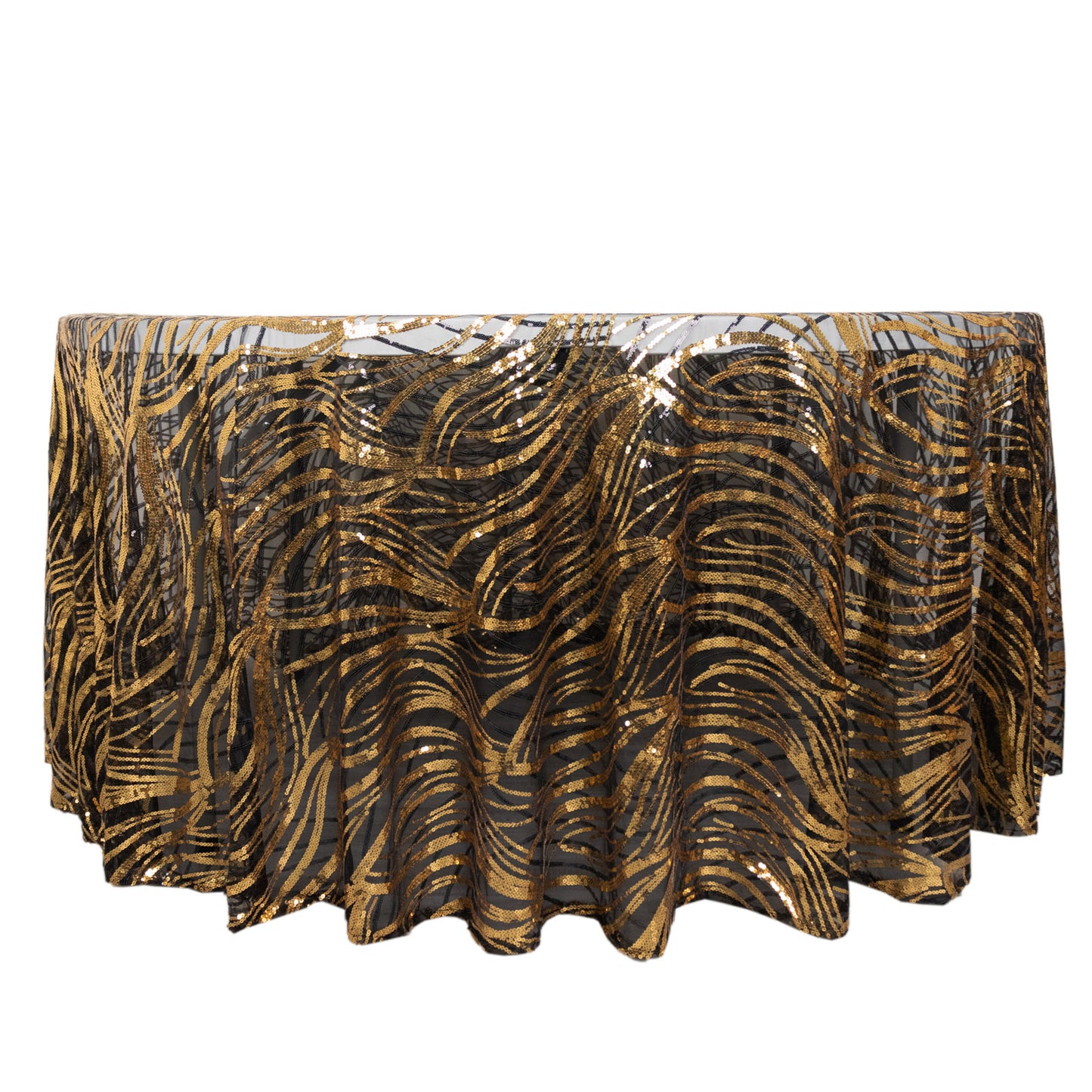 120" Black Gold Wave Mesh Round Tablecloth With Embroidered Sequins