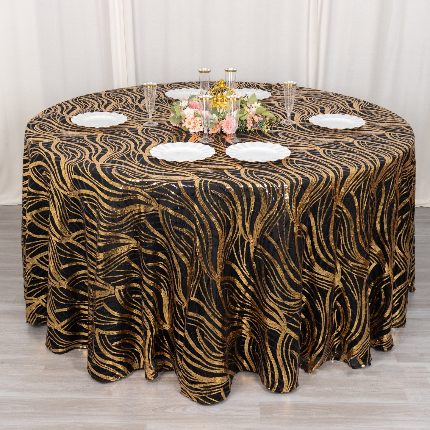 120" Black Gold Wave Mesh Round Tablecloth With Embroidered Sequins