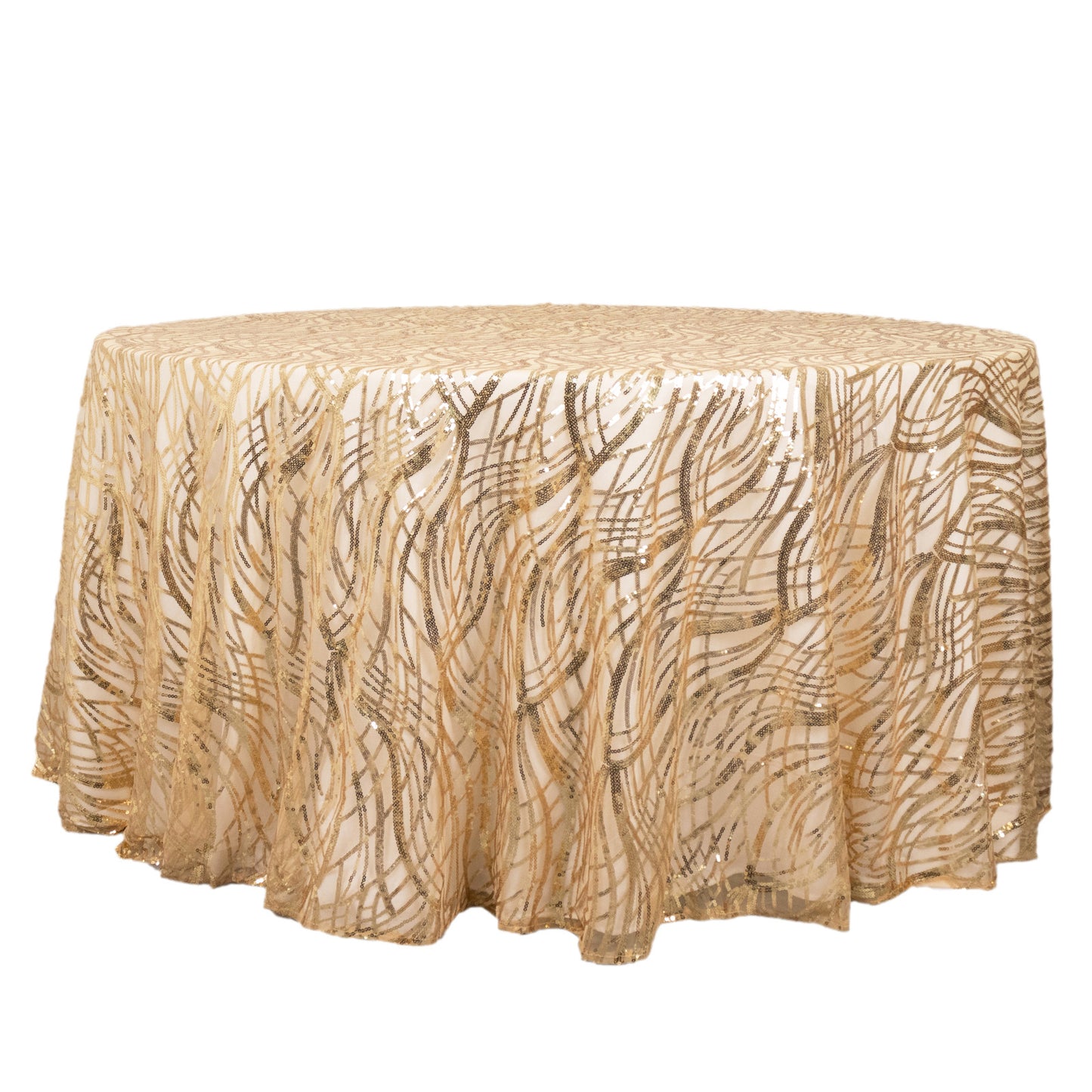 120" Champagne Wave Mesh Round Tablecloth With Embroidered Sequins