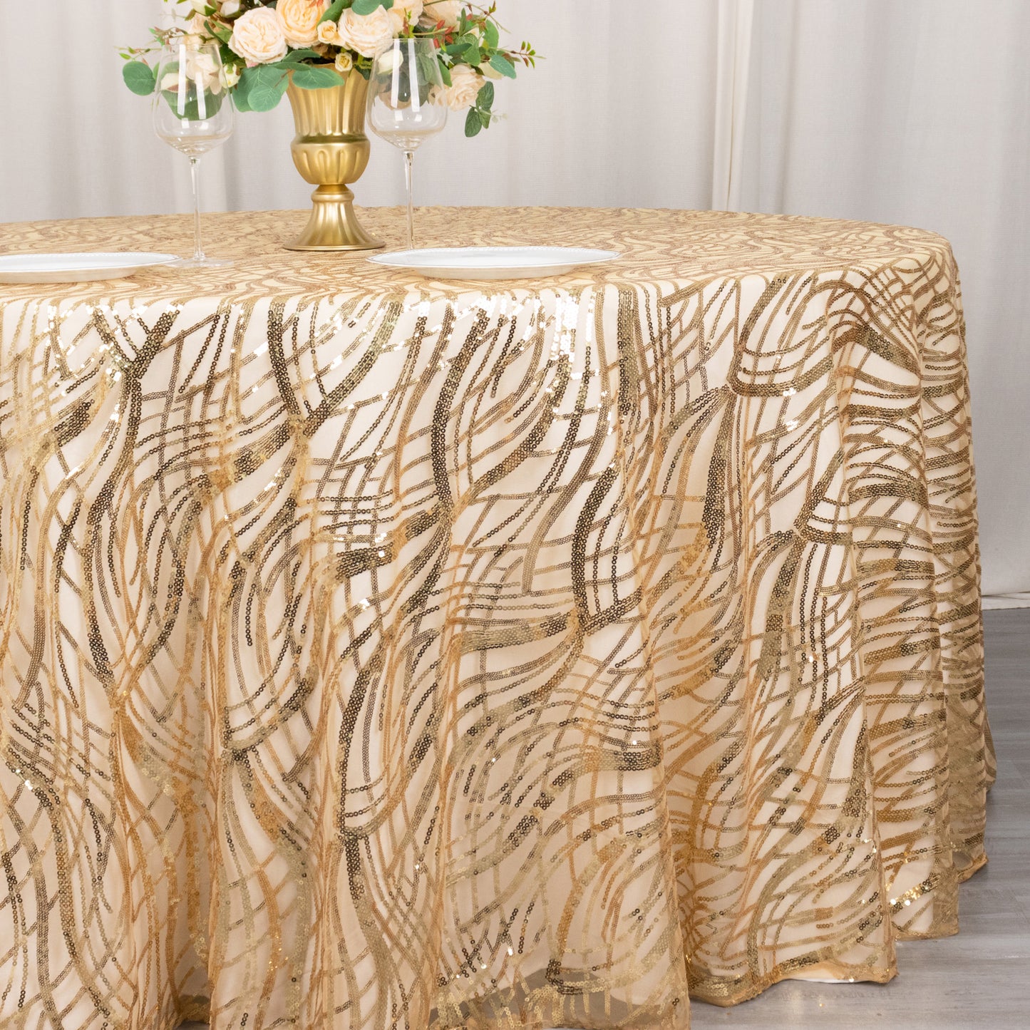 120" Champagne Wave Mesh Round Tablecloth With Embroidered Sequins