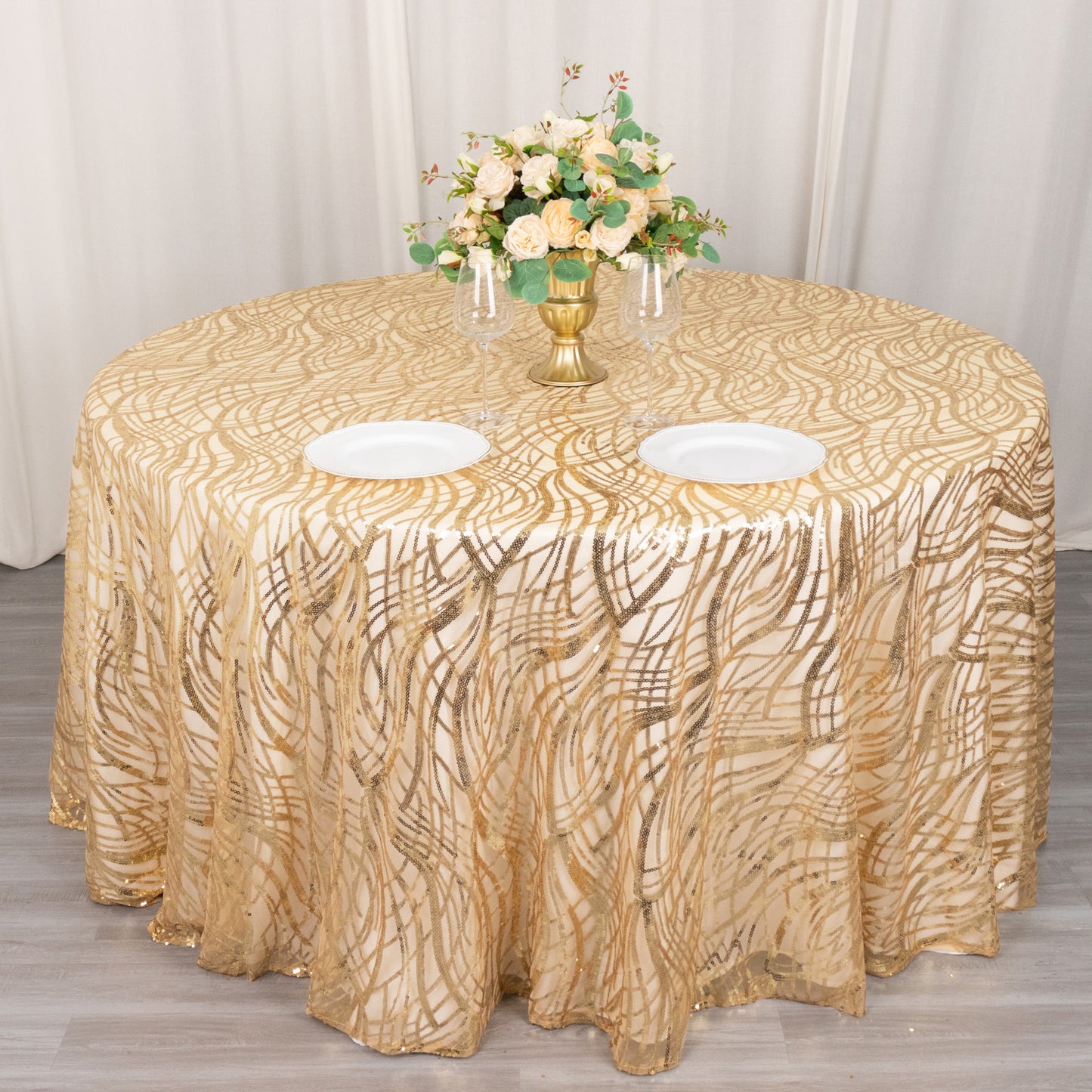 120" Champagne Wave Mesh Round Tablecloth With Embroidered Sequins