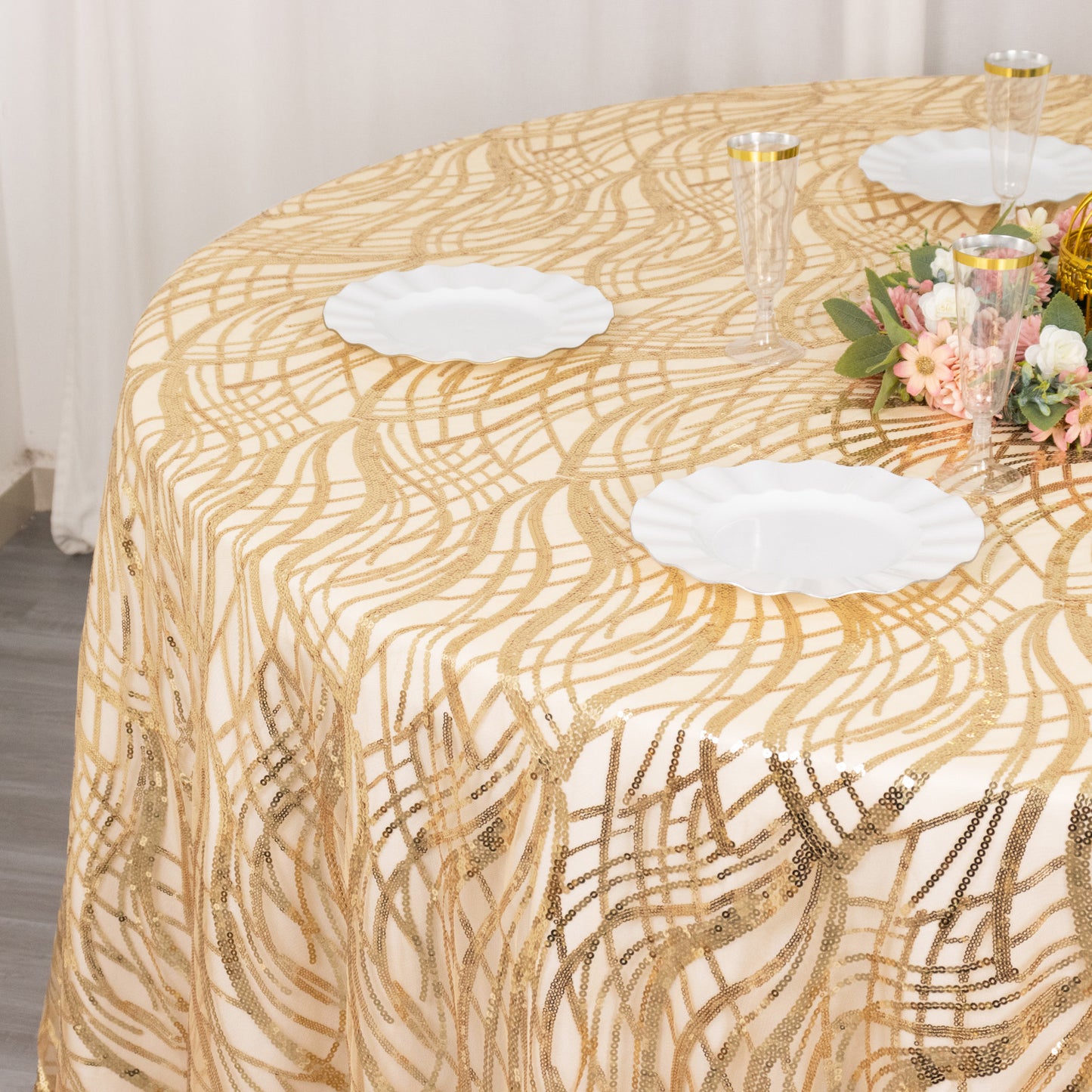 120" Champagne Wave Mesh Round Tablecloth With Embroidered Sequins