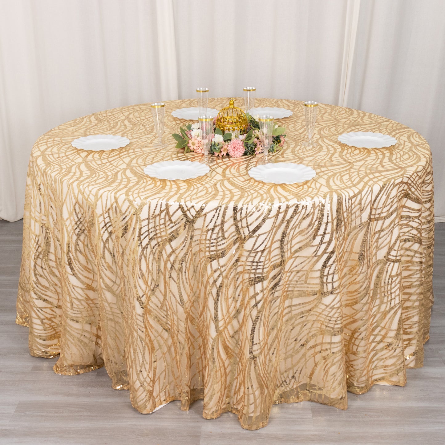 120" Champagne Wave Mesh Round Tablecloth With Embroidered Sequins