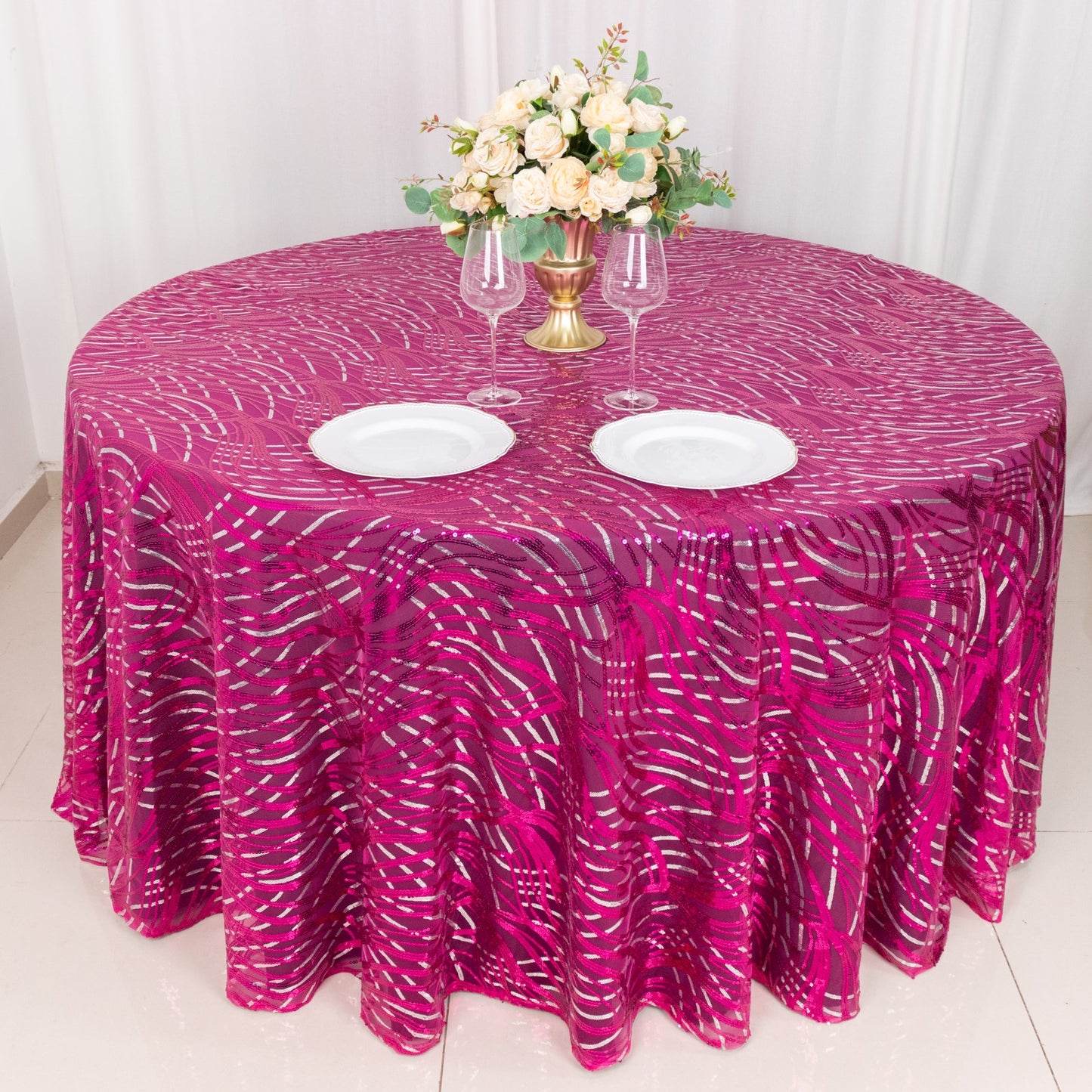 120" Fuchsia Silver Wave Mesh Round Tablecloth With Embroidered Sequins