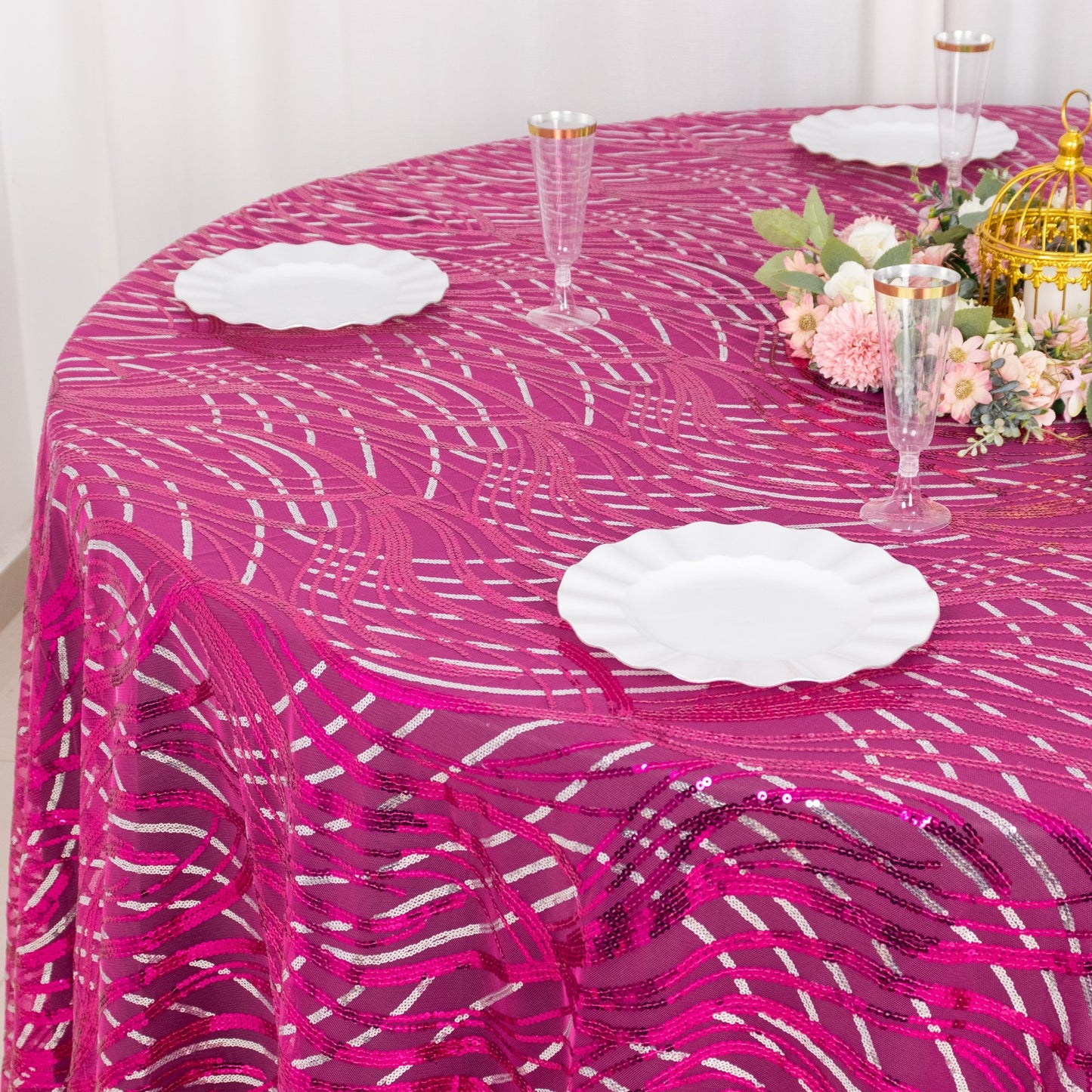 120" Fuchsia Silver Wave Mesh Round Tablecloth With Embroidered Sequins