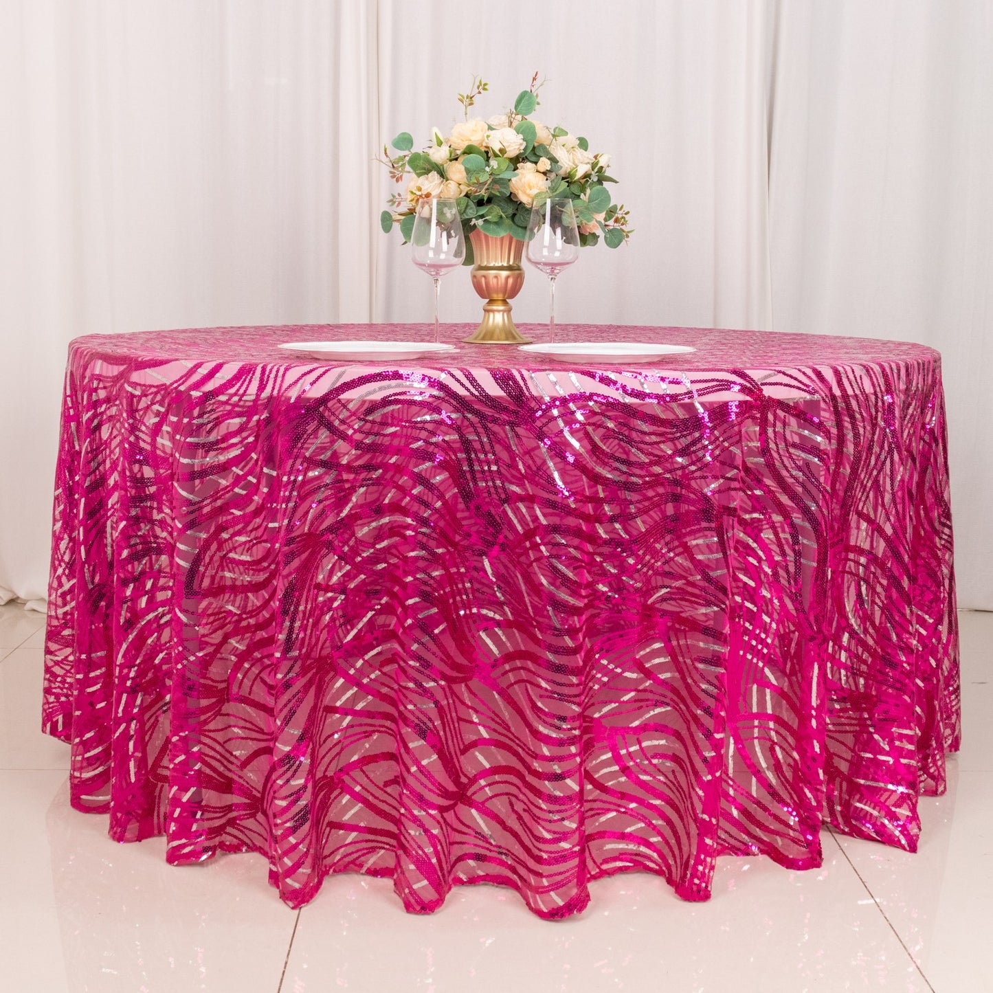 120" Fuchsia Silver Wave Mesh Round Tablecloth With Embroidered Sequins