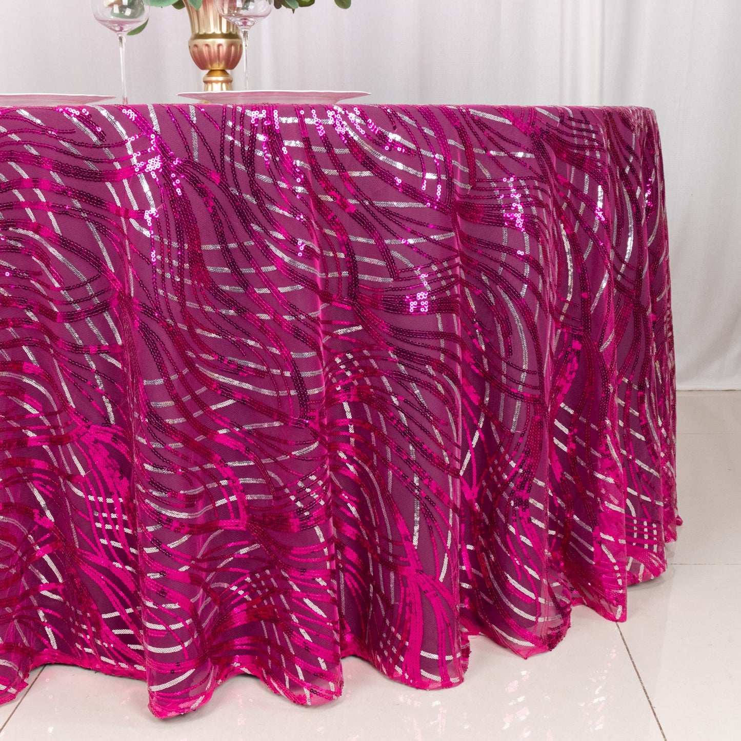 120" Fuchsia Silver Wave Mesh Round Tablecloth With Embroidered Sequins