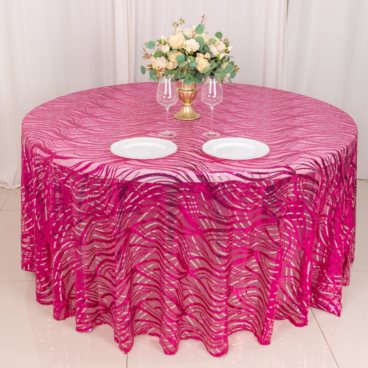 120" Fuchsia Silver Wave Mesh Round Tablecloth With Embroidered Sequins