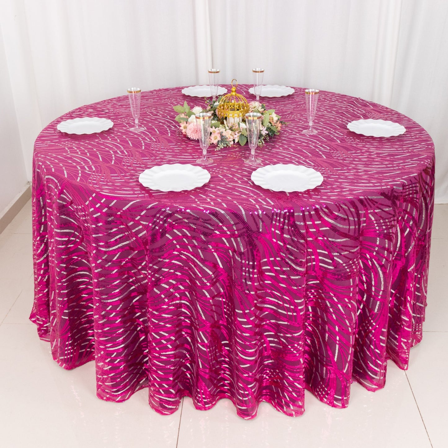 120" Fuchsia Silver Wave Mesh Round Tablecloth With Embroidered Sequins