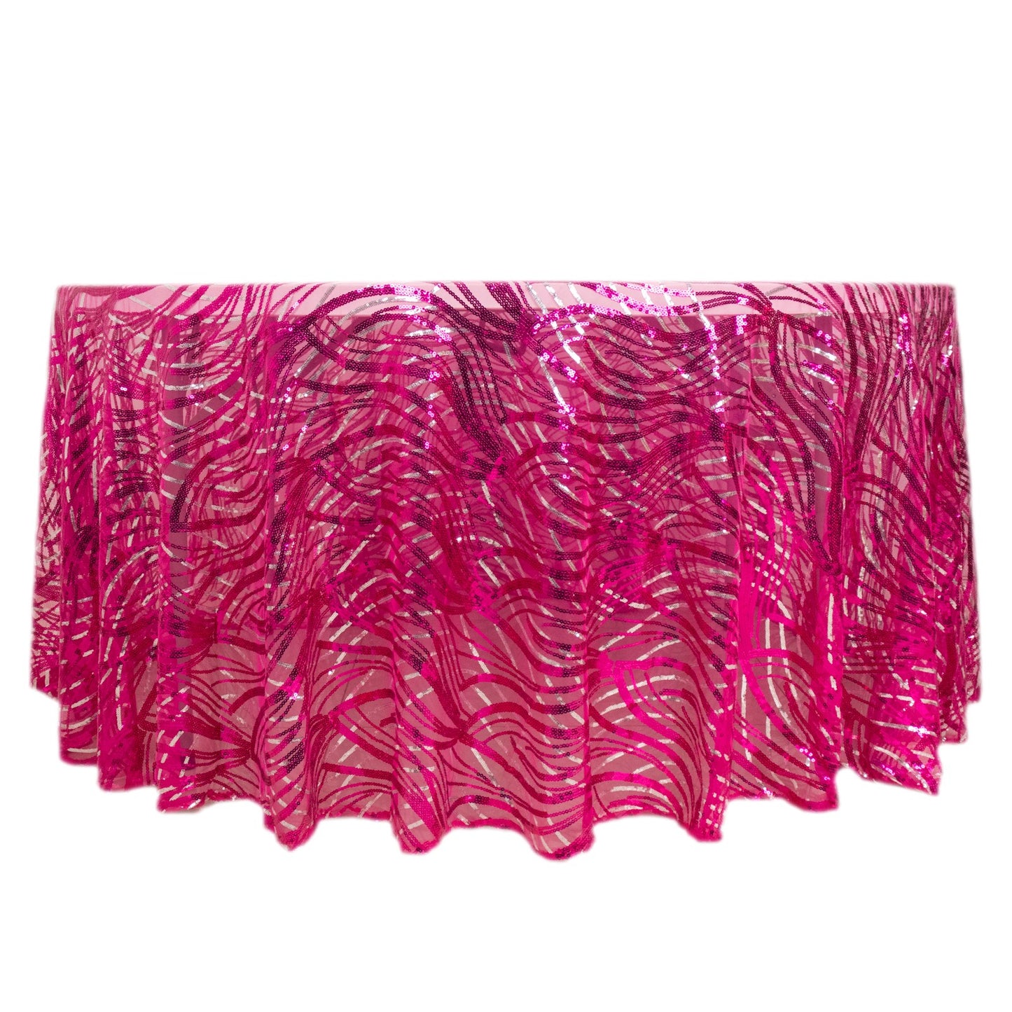 120" Fuchsia Silver Wave Mesh Round Tablecloth With Embroidered Sequins