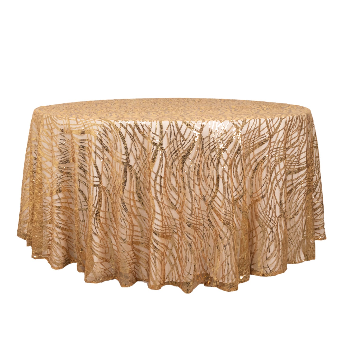 120" Gold Wave Mesh Round Tablecloth With Embroidered Sequins