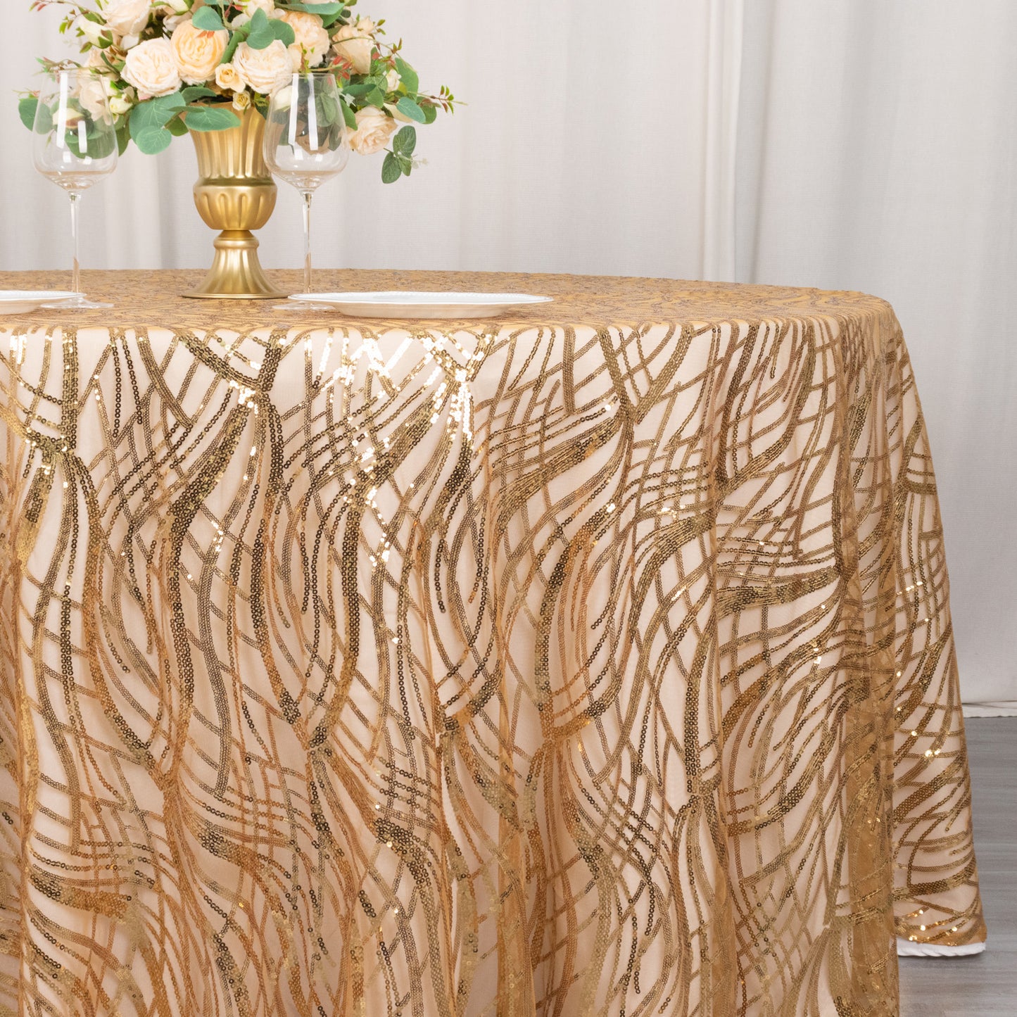 120" Gold Wave Mesh Round Tablecloth With Embroidered Sequins